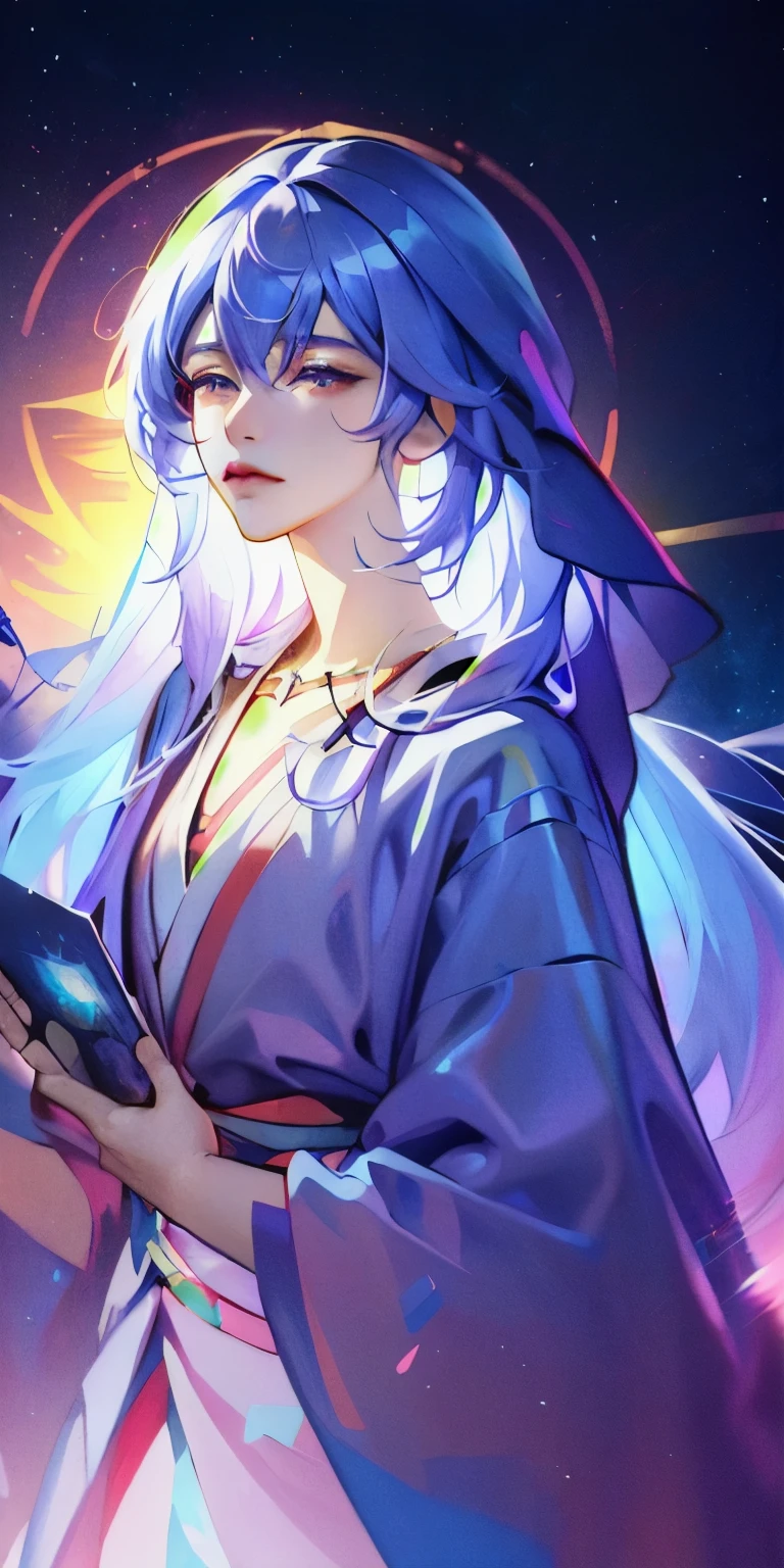 Close-up of a woman with colorful hair and necklace, anime girl with cosmic hair, Rossdraws' soft vibrancy, Gouviz-style artwork, fantasy art style, colorful], vibrant fantasy style, Rossdraws cartoon full of energy, cosmic and colorful, Guweiz, colorful digital fantasy art, stunning art style, beautiful anime style, white skin, night coat,