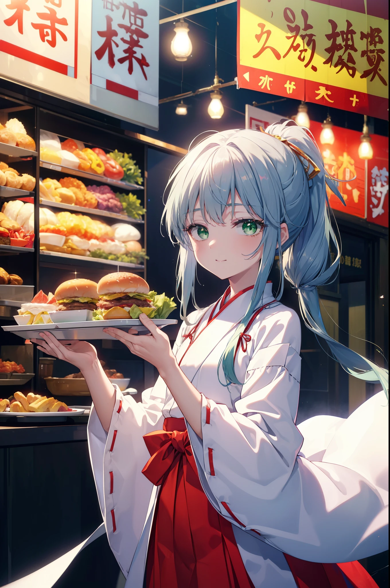 index, index, (green eyes:1.5), silver hair, long hair, (flat chest:1.2),Smile, smile, open your mouth,Platycodon,Miko,white kimono, red hakama,kimono, same as skirt, wide sleeve, long sleeve, ribbon trim sleeves, low ponytail, noon,sunny,background,blue sky,Viewer looks at a tray with a bunch of hamburgers on the table., Are standing, 
break looking at viewer, Upper body, whole body,
break outdoors, hamburger shop,
break (masterpiece:1.2), highest quality, High resolution, unity 8k wallpaper, (figure:0.8), (detailed and beautiful eyes:1.6), highly detailed face, perfect lighting, Very detailed CG, (perfect hands, perfect anatomy),