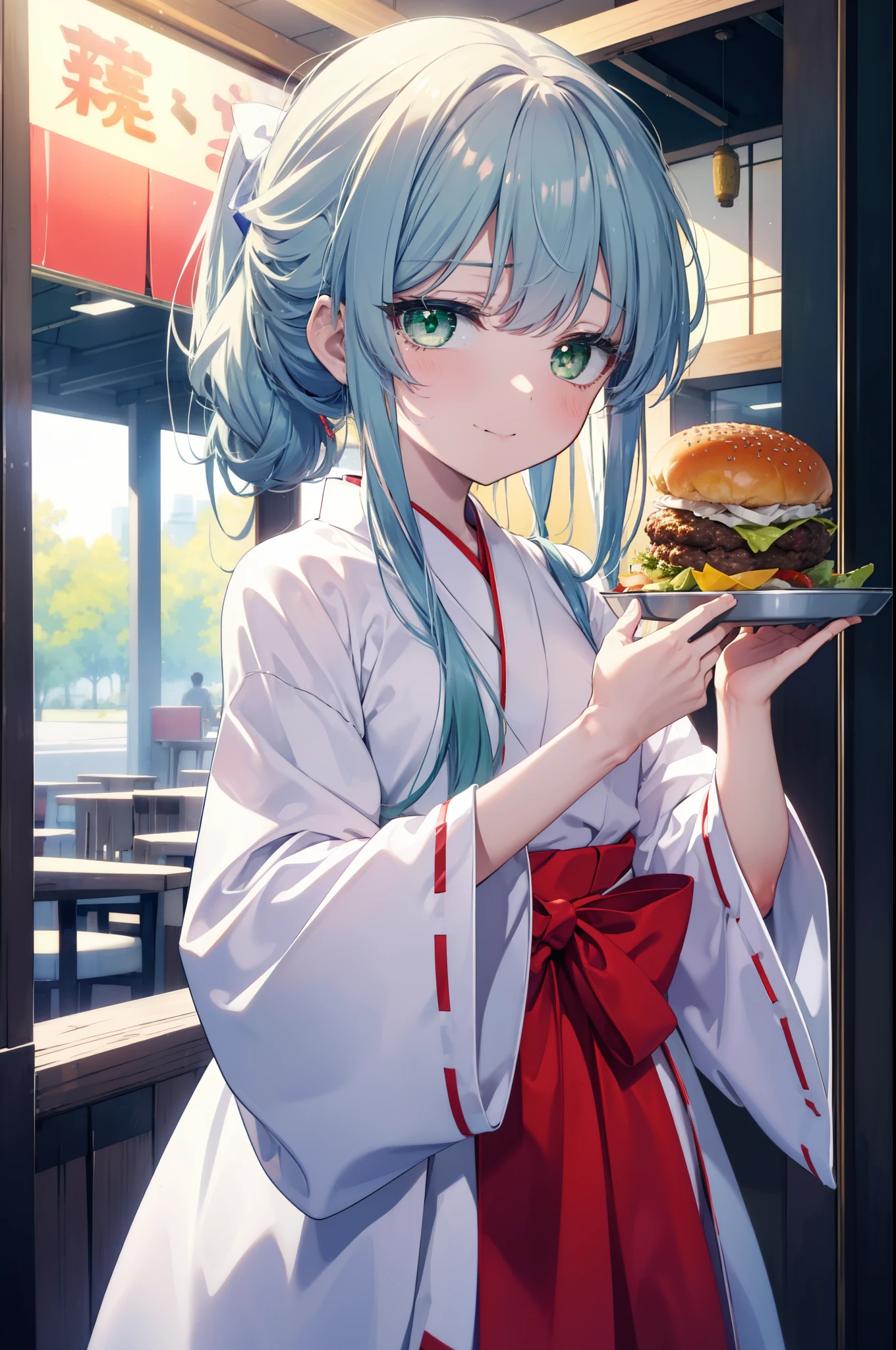 index, index, (green eyes:1.5), silver hair, long hair, (flat chest:1.2),Smile, smile, open your mouth,Platycodon,Miko,white kimono, red hakama,kimono, same as skirt, wide sleeve, long sleeve, ribbon trim sleeves, low ponytail, noon,sunny,background,blue sky,Viewer looks at a tray with a bunch of hamburgers on the table., Are standing, 
break looking at viewer, Upper body, whole body,
break outdoors, hamburger shop,
break (masterpiece:1.2), highest quality, High resolution, unity 8k wallpaper, (figure:0.8), (detailed and beautiful eyes:1.6), highly detailed face, perfect lighting, Very detailed CG, (perfect hands, perfect anatomy),