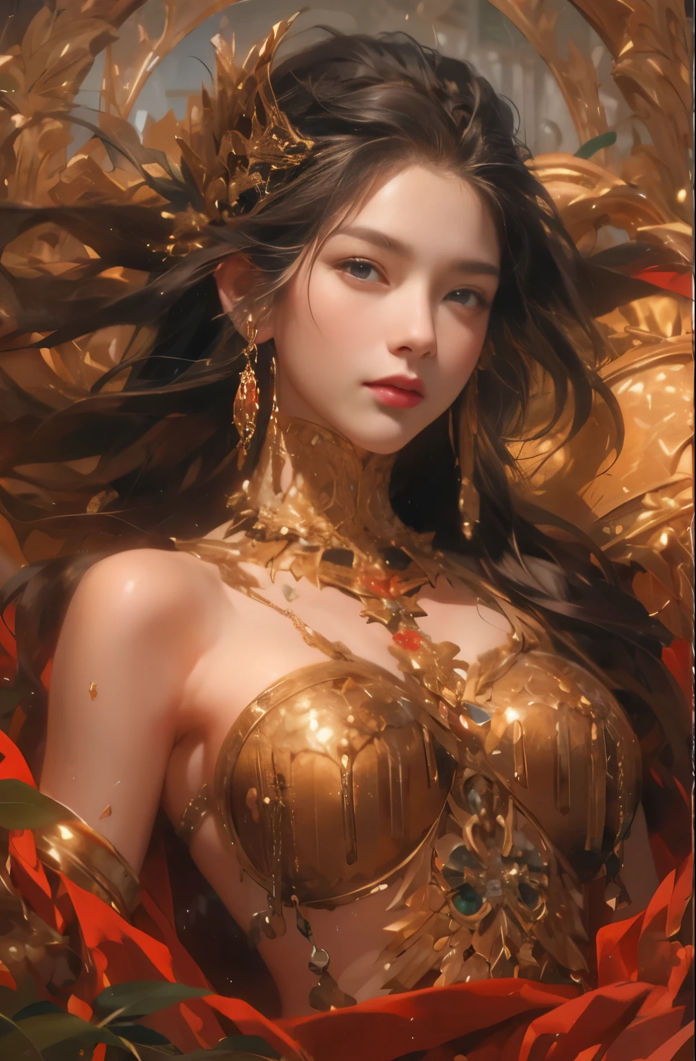 Gold and red tones、fantasy、Ancient mythology、ancient mesopotamia、hour of dusk、Mysterious、solemnity、majestic、highest quality, masterpiece、Ishtar, goddess of war、majestic hall々, battlefield commander、Guardian of Babylon、increase fighting spirit、fiery red long hair、queen of babylon, invincible general、Majestic Hall々、Brave、glory of babylon、honor of babylon、Treasure of Babylon, veteran hero、The unparalleled beauty of elongated eyes、refinement、Noble、i am proud、Wearing Noble jewelry、Equip your weapons、looks like fancy golden armor、cloak fluttering in the wind、Tall and lean、fiery red long hair、perfect angle、perfect composition、Low - Angle、Full body Esbian, Works that influenced Chen Yifei, Works that influenced Francesco Hayes, Inspired by Hendrik Terbruggen, Jean=Works that influenced Auguste Dominique Ingres, Works that influenced Liu Jun, Jean=Works that influenced Auguste Dominique Ingres, highest quality, perfect angle, perfect composition, best shot, official art, cinematic light, figurative art, Beautiful and expressive paintings, Beautiful artwork illustration, wonderful, cool beauty, clear, Mysterious, highest quality, official art, Very delicate and detailed painting style, Beautiful painting art, perfect light, perfect composition, perfect angle, The perfect subject, best shot, women only, sharp outline, pretty much beautiful face, very beautiful and delicate eyes, delicate and beautiful eyes, Close-up