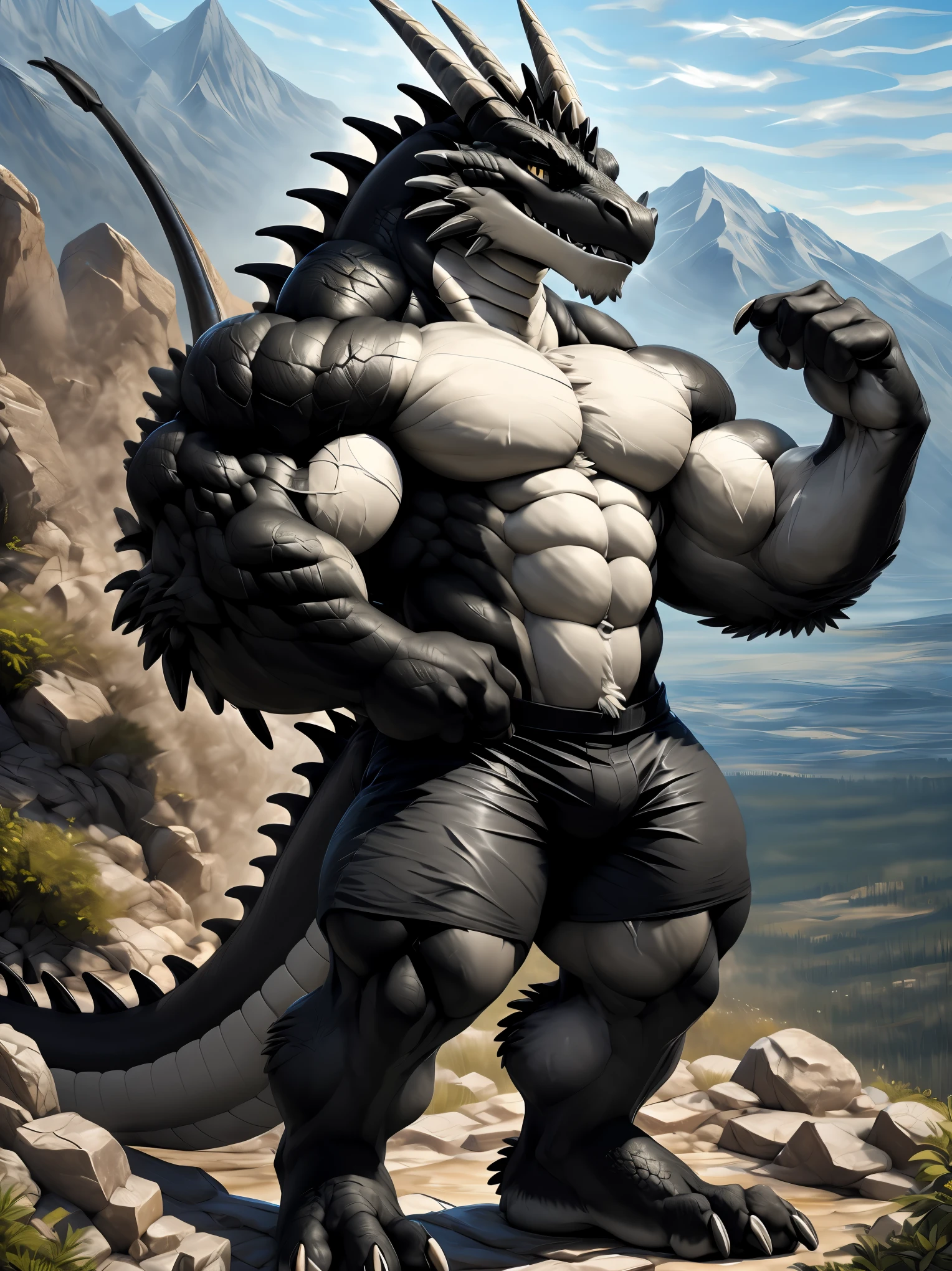 masterpiece, Anthropomorphic black dragon, white belly,There is a pair of beautiful dragon horns, golden eyes, vertical pupil,black dragon scales,1 tail, Body full of huge muscleuscular, Ripped ABS, Eight abs, V-shaped body, muscular thighs, Only shorts, Standing on the top of a mountain，Unleash cool magic;masterpiece, panorama, character focus Detailed background, Very clear muscles, perfect muscles lines, realisticlying, realistic muscle, realistic fur, realistic hand, 8k hdr, (Wide dynamic range, hdr, highlight:1.5), author (Pino Daeni, (Written by Ruaidri), Written by Virtyalfobo)