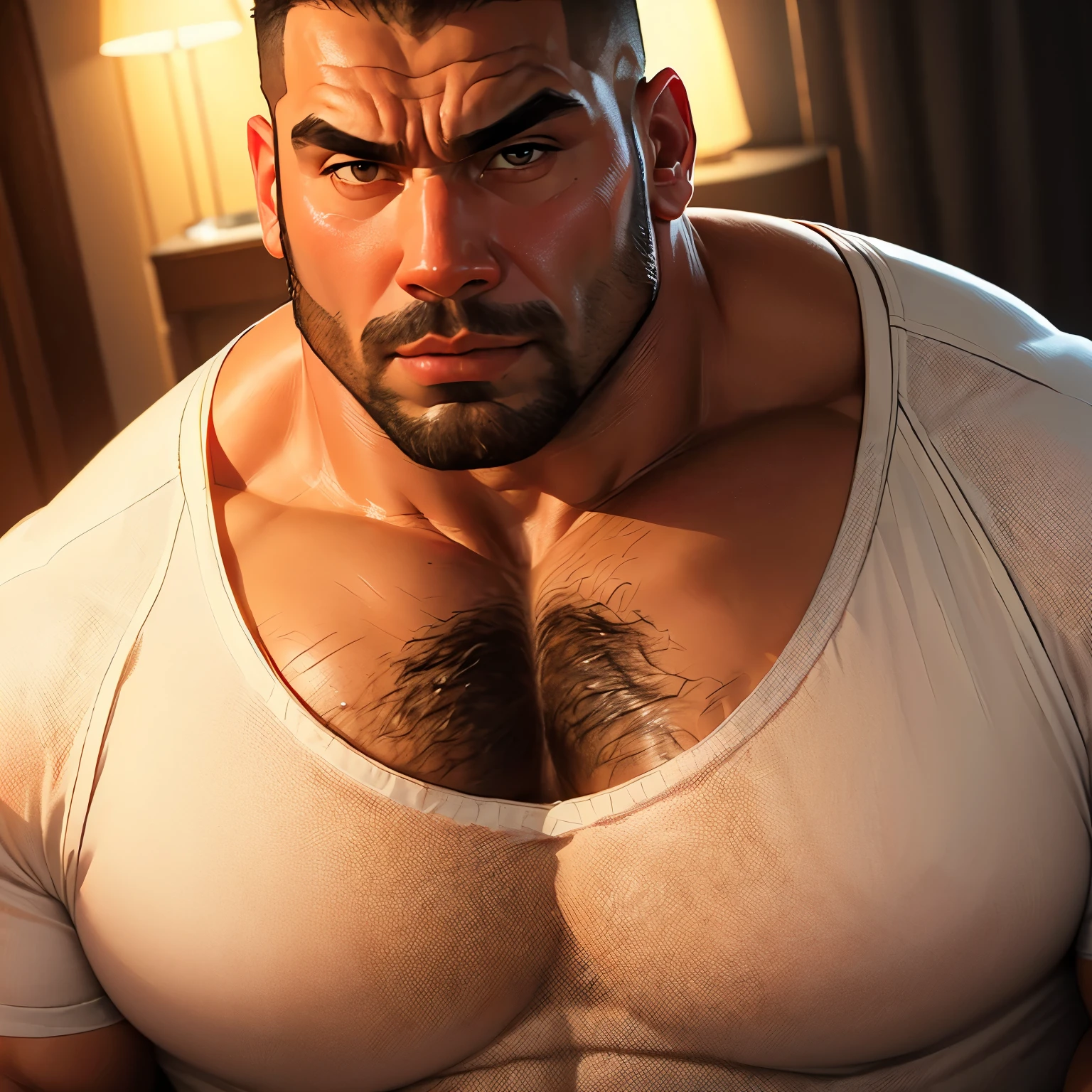 an exaggeratedly muscular and large bald bodyguard, beefy build, mixed race, (wearing a white raglan undershirt: 1.2), (bara pecs: 1.3), (hairy chest: 1.1), close-up portrait HD, hotel room with pink lights