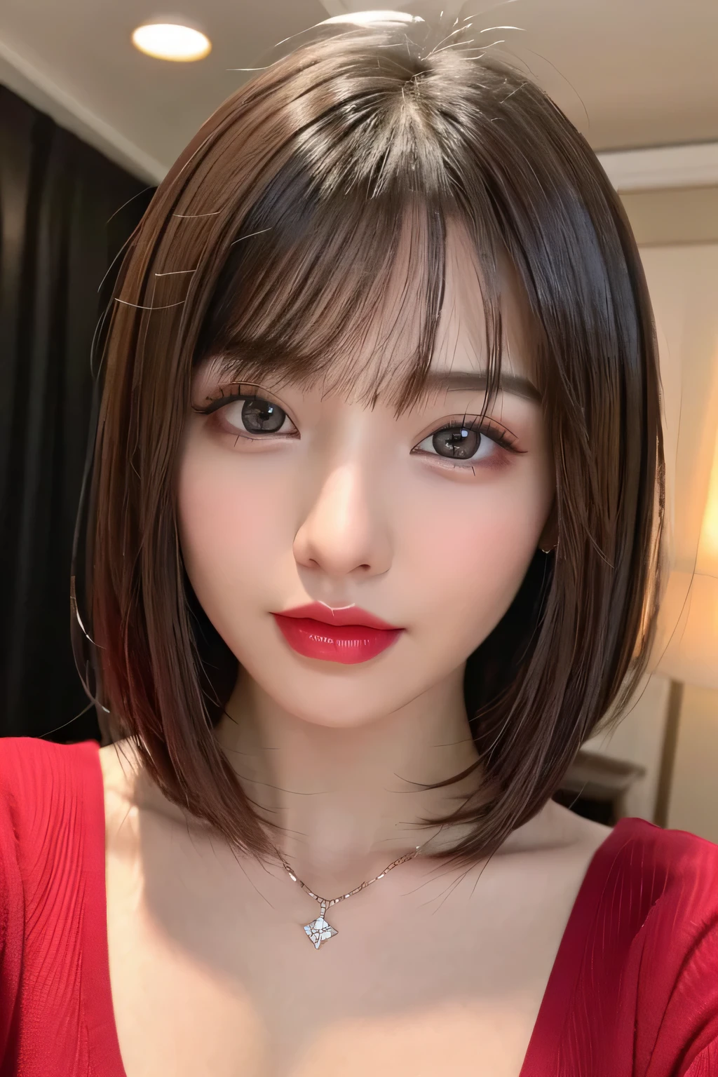 (highest quality、table top、8K、best image quality、Award-winning work)、(one young girl, 14 years old:1.3)、(Perfect V-neck red long knit sweater:1.2)、(red eyeshadow:1.2)、perfect makeup、long eyelashes、Super high-definition sparkling eyes、ultra high definition hair、ultra high resolution glossy lips、Super high resolution perfect teeth、Super high resolution cute face、brown hair、(very short straight hair:1.1)、look at me and smile、[clavicle]、accurate anatomy、(close up of face:1.5)、Luxury love hotel、(The most moody warm lighting:1.2)、blurred background、With bangs、Super high-resolution glossy and moisturized face、Super high resolution glowing skin、most detailed face、Ultra high resolution detailed faces、ultra high resolution hair、Super high resolution sparkling eyes、Beautiful face drawn in every detail、Super high resolution glossy red lips、big breasts、cleavage、Fashionable necklaces