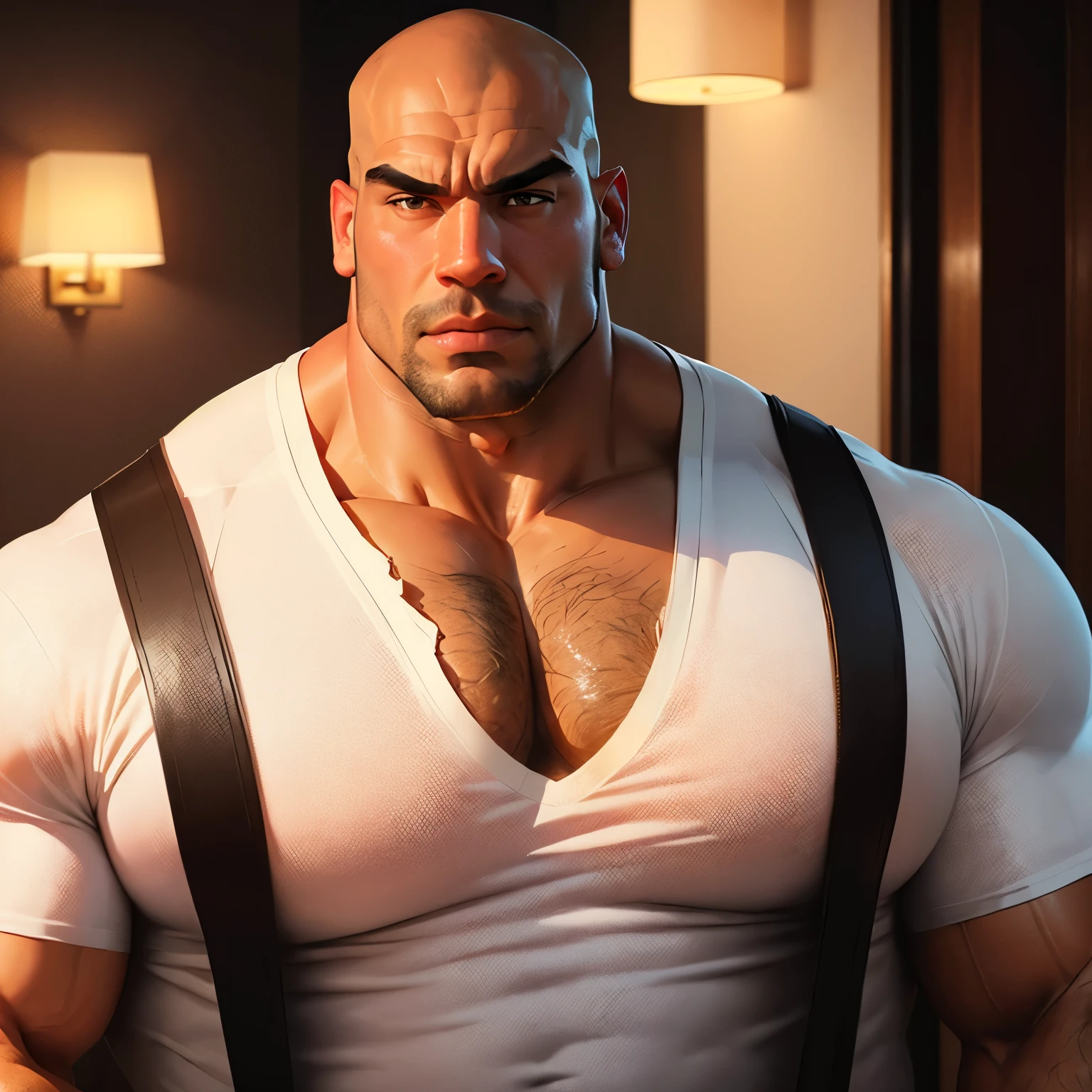 an exaggeratedly muscular and large bald bodyguard, beefy build, mixed race, (wearing black tight buttoned shirt: 1.2), (bara pecs: 1.3), (arm and chest hair: 1.1), close-up portrait HD, night club with pink lights