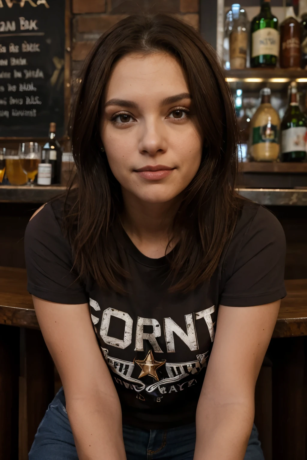 Jovem branca, medium dark brown hair, olhos castanhos, vestindo jeans e blusa preta, bebendo cerveja em um bar de Nova York