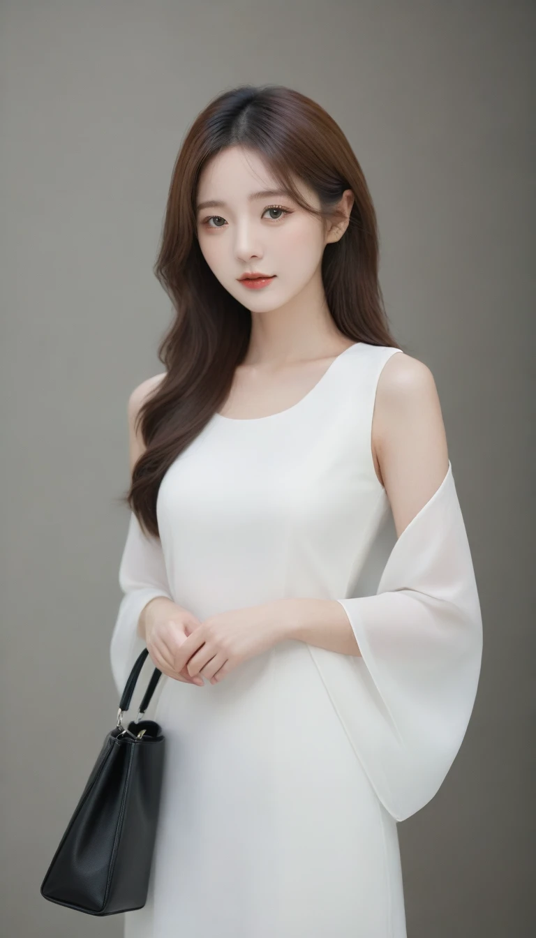 a close up of a woman wearing a white dress and a black purse, beautiful south korean woman, gorgeous young korean woman, korean girl, beautiful young korean woman, gorgeous chinese model, beautiful asian girl, korean woman, lovely woman, chinese girl, a beautiful young woman, cute elegant pose, lovely delicate face, very beautiful girl, young adorable korean face, ulzzang