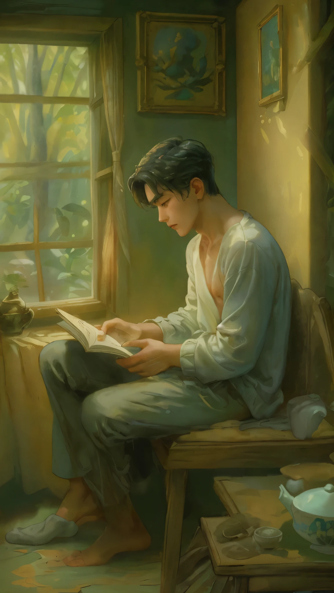 ((Best quality)), ((masterpiece)), (detailed), ((perfect face)), ((halfbody)) handsome young artist, filipino guy engaging in various activities topless within his cozy home nestled in a serene forest. Capture moments of his daily life, such as painting, reading, playing a musical instrument, or enjoying a cup of tea, as he explores his creativity and self-discovery, all while surrounded by the warmth and comfort of his sanctuary