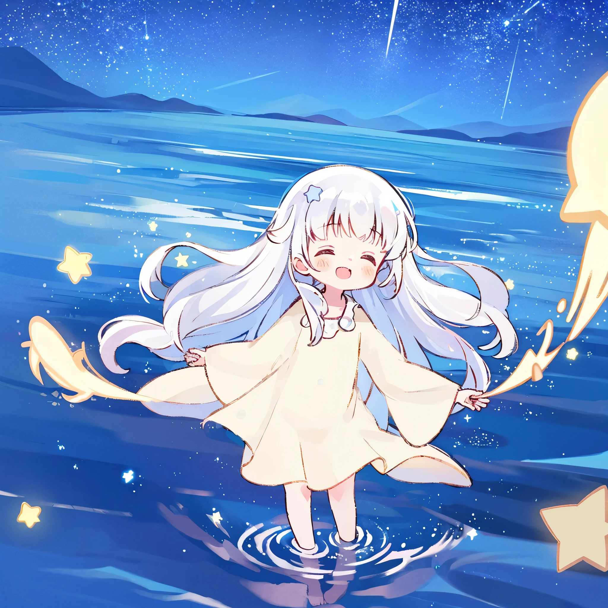 an ocean of stars, night sky, colorful, ethereal, charming girl in a white sheer babydoll dress, white hair, walking on the water, Her smile was filled with tenderness and joy, giant crescent white moon dipping into the water in the background, (((((((stars))))))