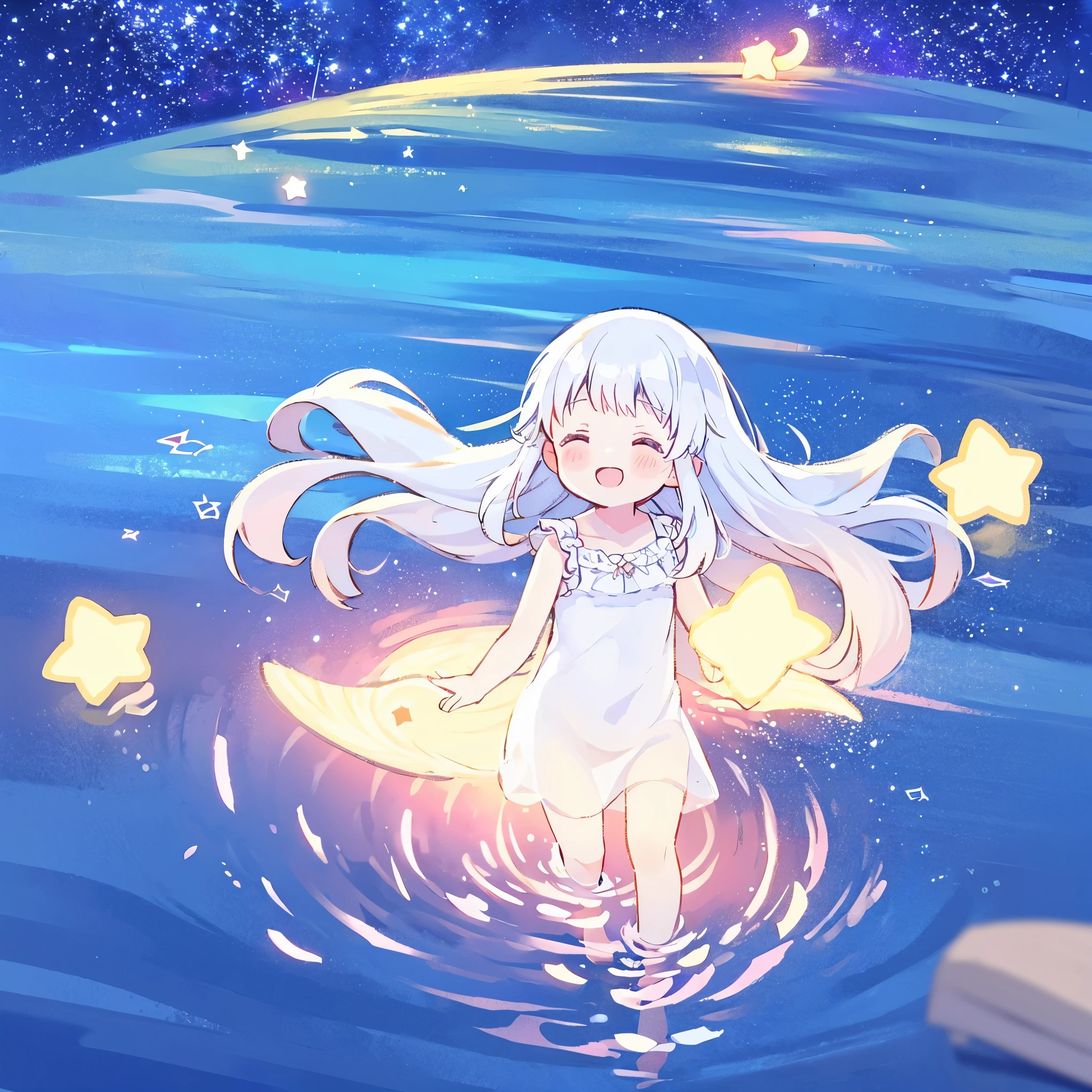 an ocean of stars, night sky, colorful, ethereal, charming girl in a white sheer babydoll dress, white hair, walking on the water, Her smile was filled with tenderness and joy, giant crescent white moon dipping into the water in the background, (((((((stars))))))