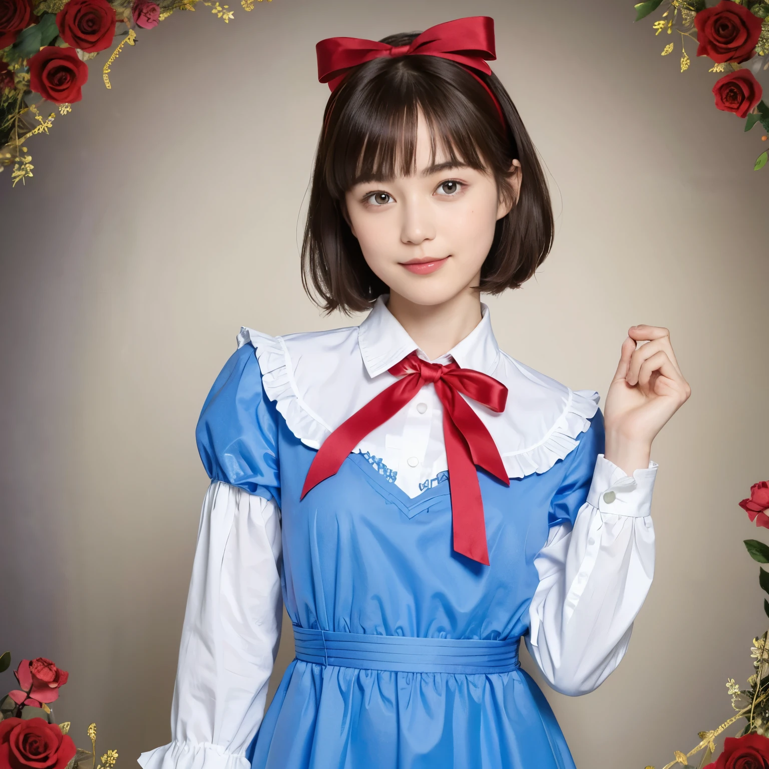 1 (alice in wonderland), (He wears a large triangular ribbon on his head...), short hair, young woman, gentle smile, colorful clothes