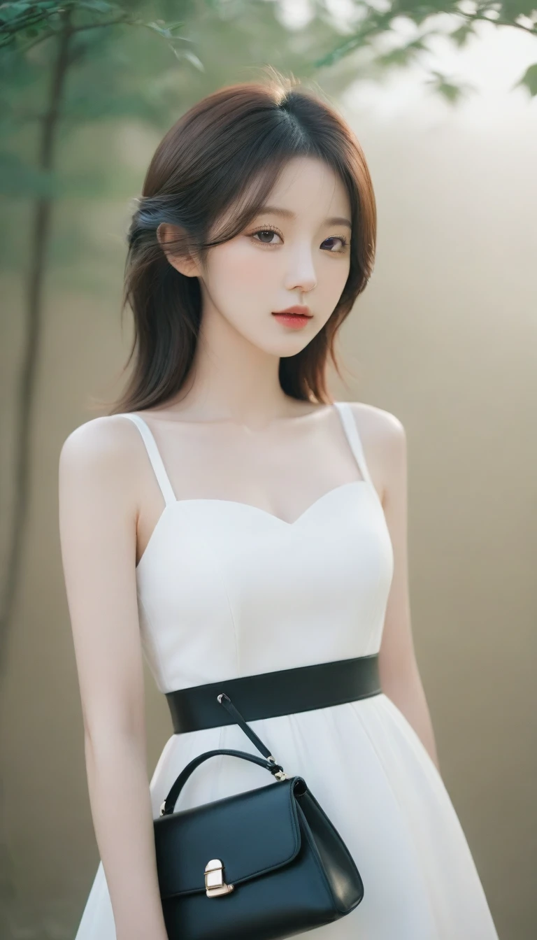 a close up of a woman wearing a white dress and a black purse, beautiful south korean woman, gorgeous young korean woman, korean girl, beautiful young korean woman, gorgeous chinese model, beautiful asian girl, korean woman, lovely woman, chinese girl, a beautiful young woman, cute elegant pose, lovely delicate face, very beautiful girl, young adorable korean face, ulzzang