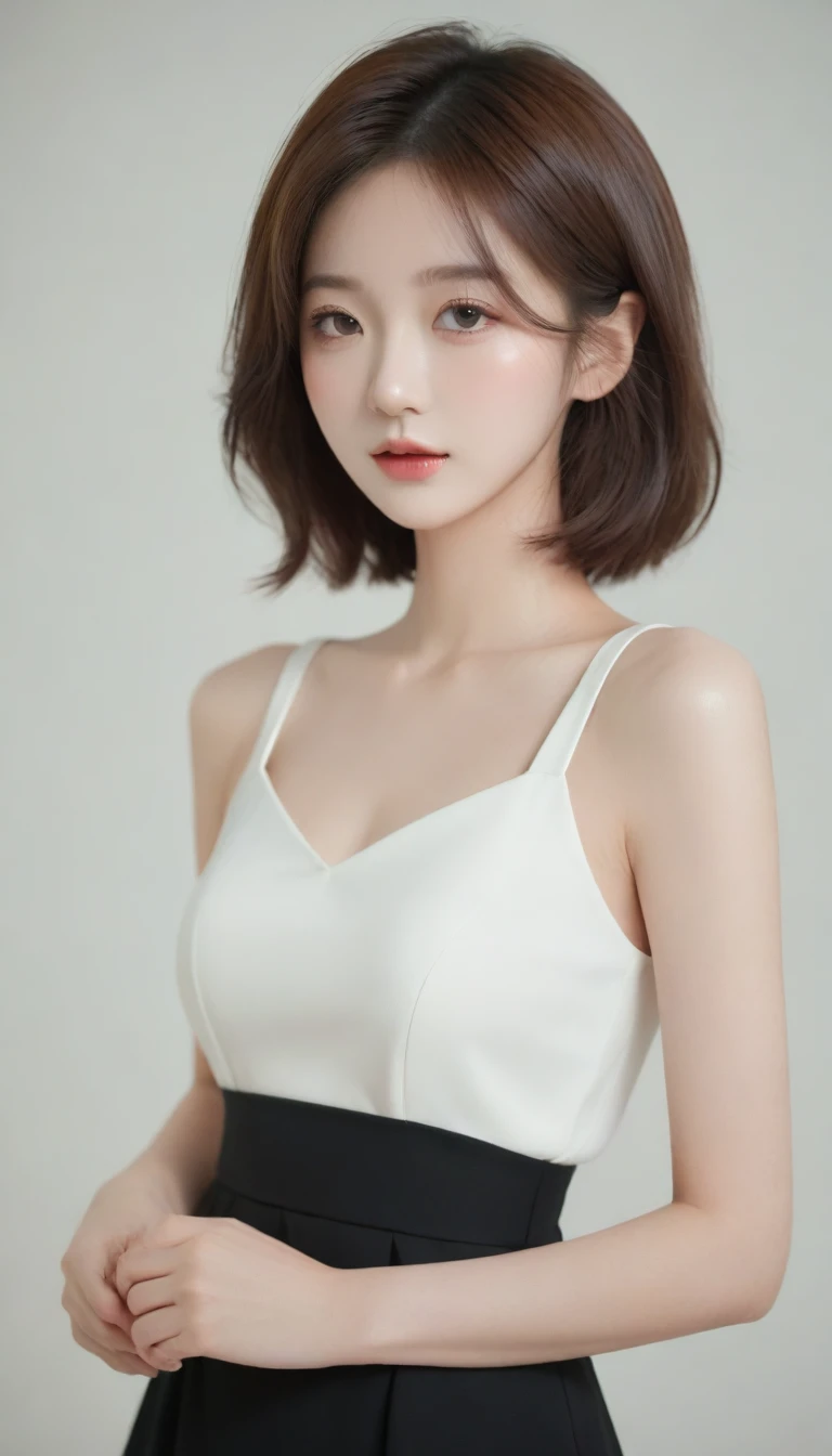 a close up of a woman wearing a white dress and a black purse, beautiful south korean woman, gorgeous young korean woman, korean girl, beautiful young korean woman, gorgeous chinese model, beautiful asian girl, korean woman, lovely woman, chinese girl, a beautiful young woman, cute elegant pose, lovely delicate face, very beautiful girl, young adorable korean face, ulzzang