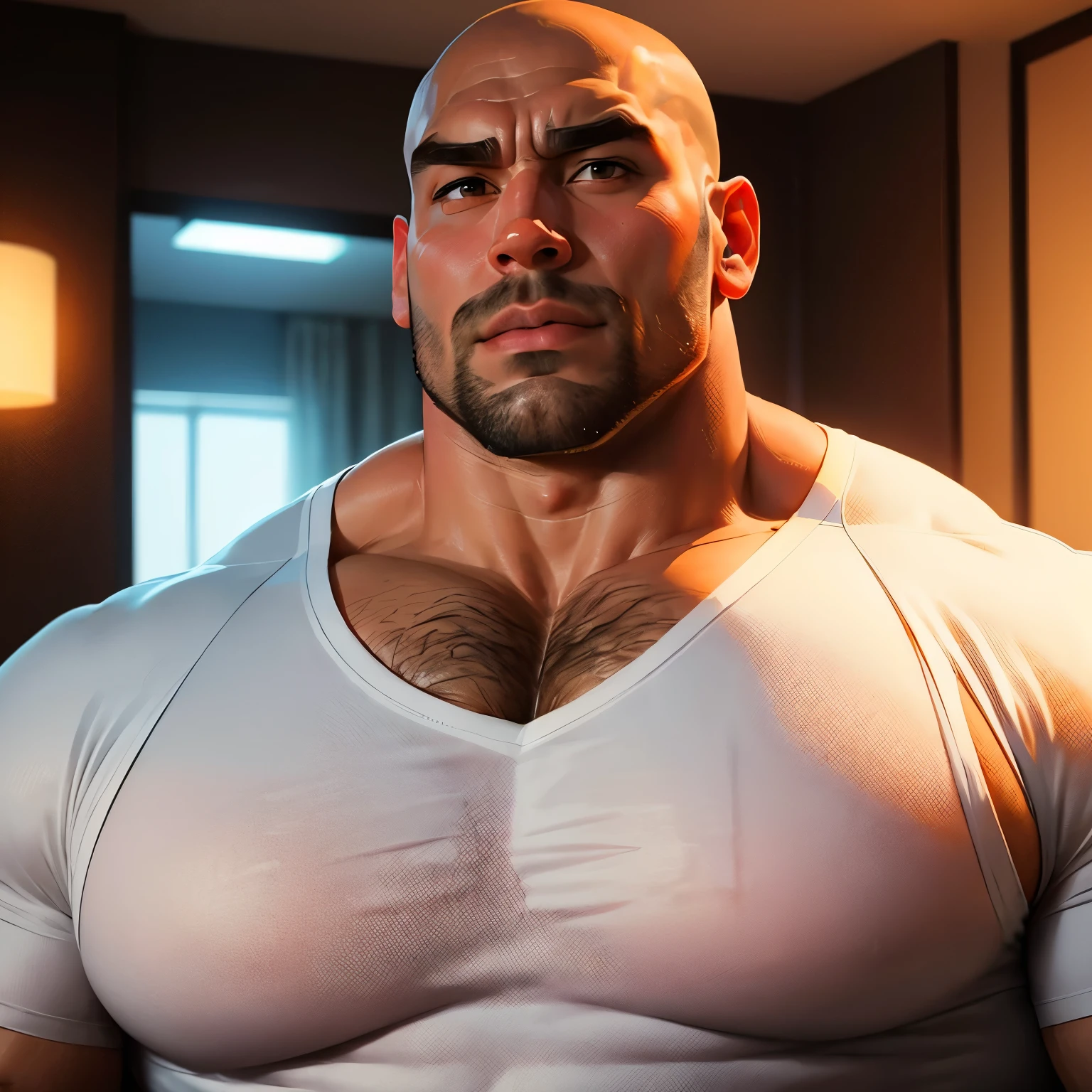 an exaggeratedly muscular and large bald bodyguard, beefy build, mixed race, (wearing a white undershirt: 1.2), (bara pecs: 1.3), (hairy chest: 1.1), close-up portrait HD, hotel room with pink lights