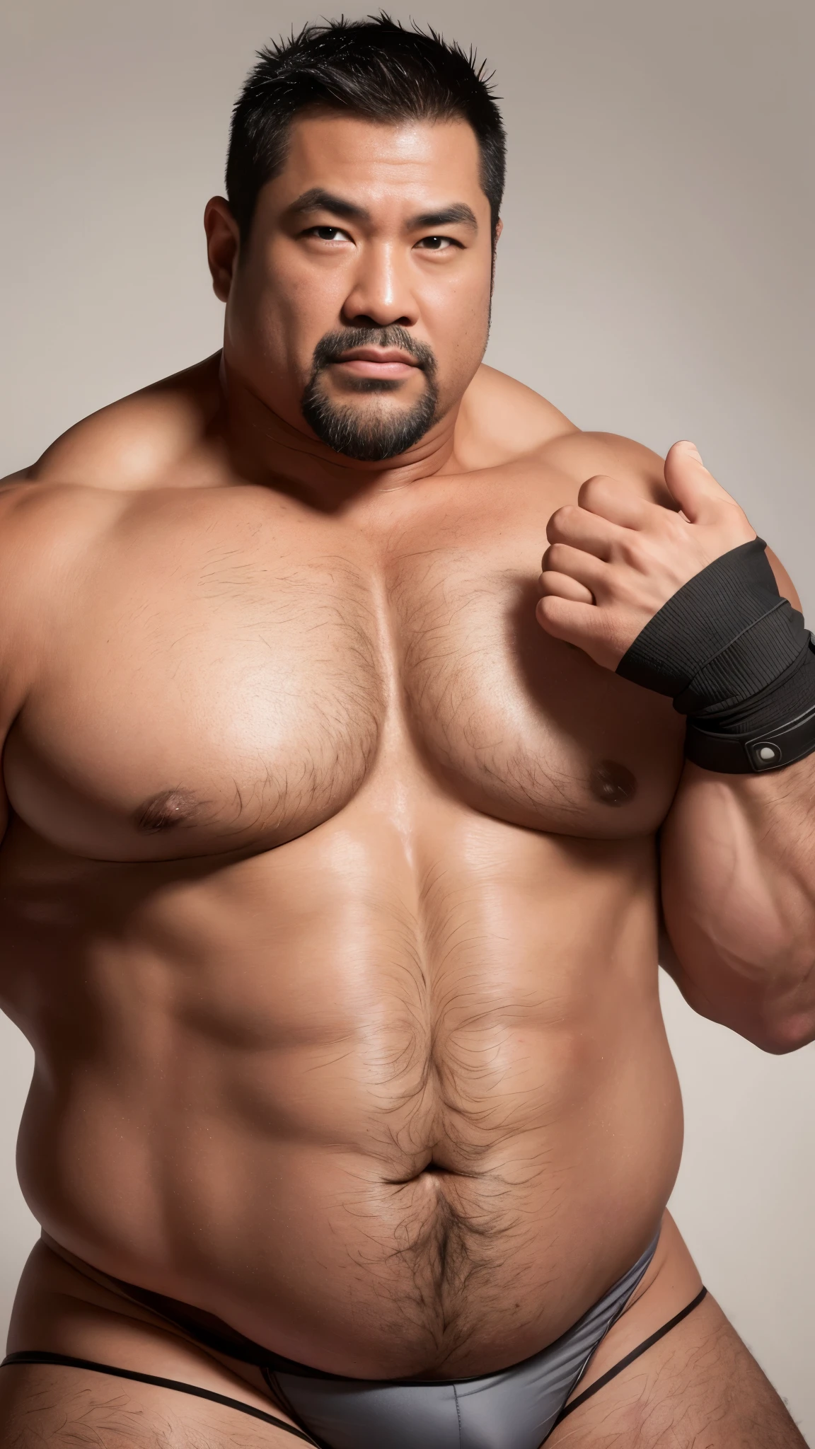 black hair, middle-aged man, individual, male, Muscular wrestler, muscular, Stout wrestler, Asian, Japanese, uncle, 55 year old middle-aged man, short hair, short hair, white wrestling boots, full body portrait, shadow, Vision, white briefs, obesity, 45 years old, short beard, middle-aged man, tattoo, fingerless gloves, Wheat skin, shiny skin, dark skin, Show your pectoral muscles, sumo wrestler, bodybuilder, wide temples, Visible abdominal muscles, Smile, Fine hands, solid color background, pure white background, Surrealism, Panorama, 8k, super detail，