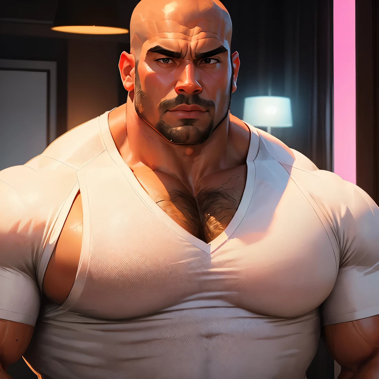 an exaggeratedly muscular and large bald bodyguard, beefy build, mixed race, (wearing a white undershirt: 1.2), (bara pecs: 1.3), (hairy chest: 1.1), close-up portrait HD, hotel room with pink lights