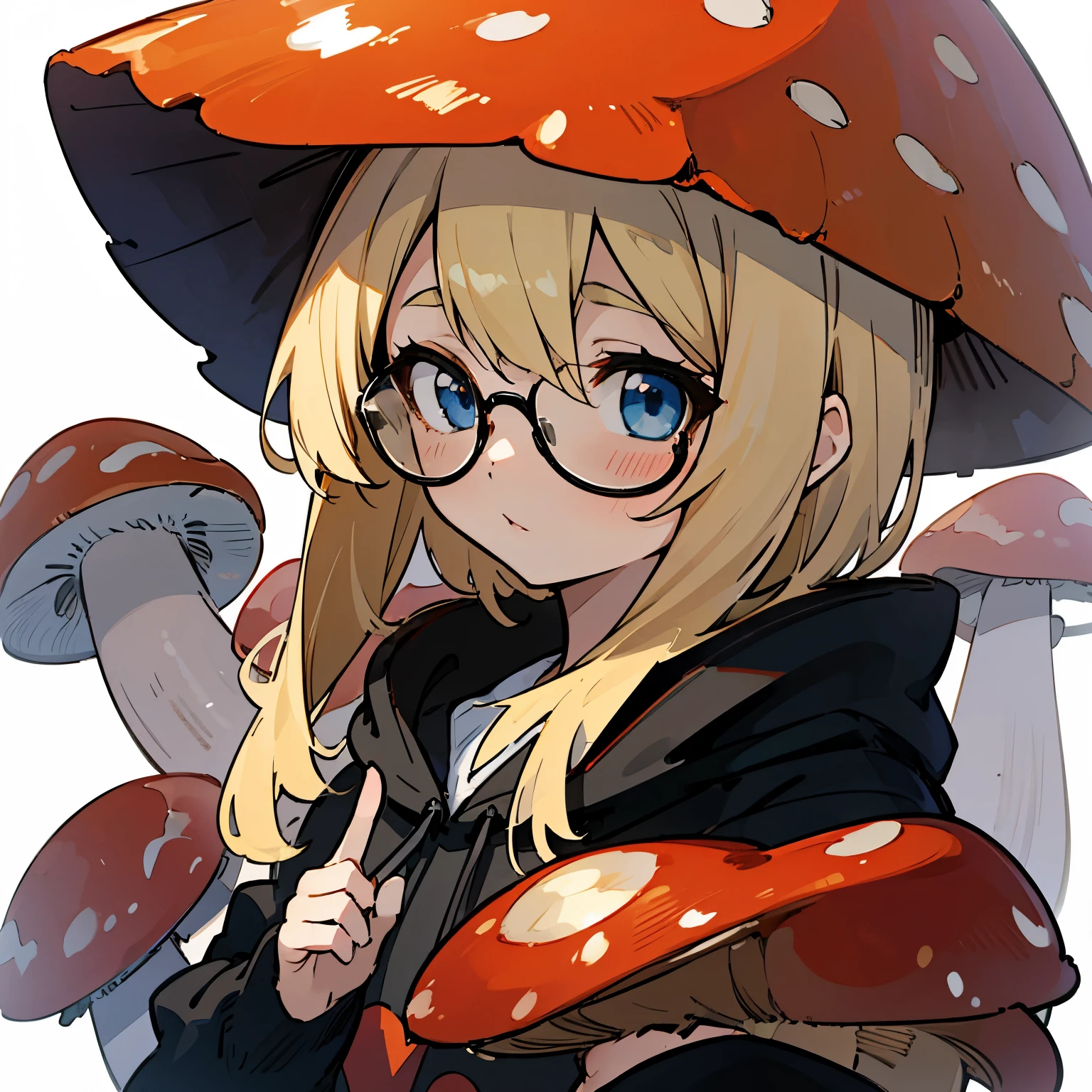 masterpiece,best quality,high quality, best quality, 4k,8k,up close,1girl,solo,blonde hair, crossed bangs, blue eyes, red mushroom hat, mushroom girl,cute,evangelion anime style
cute,thick glasses,black hoodie
