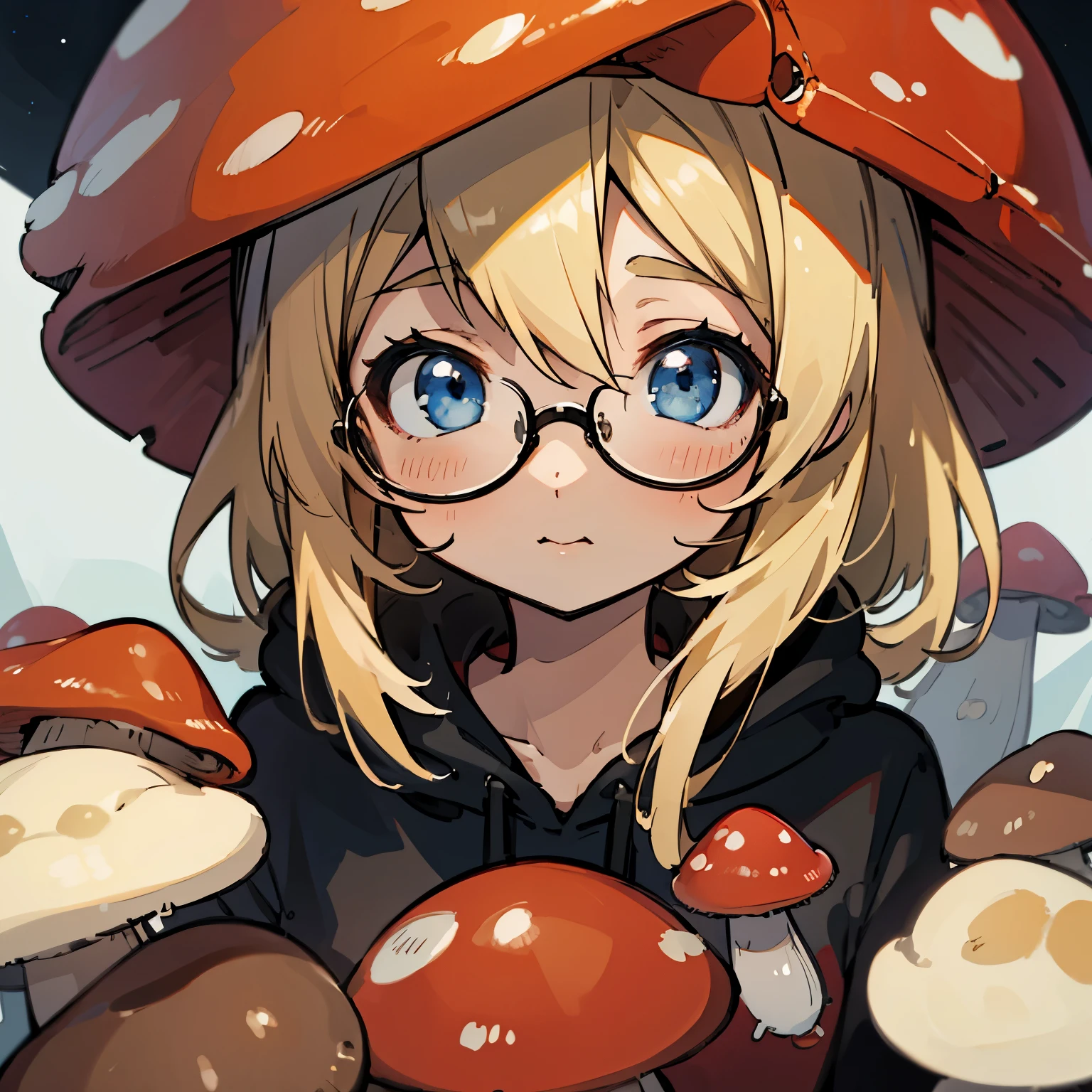 masterpiece,best quality,high quality, best quality, 4k,8k,up close,1girl,solo,blonde hair, crossed bangs, blue eyes, red mushroom hat, mushroom girl,cute,evangelion anime style
cute,thick glasses,black hoodie
