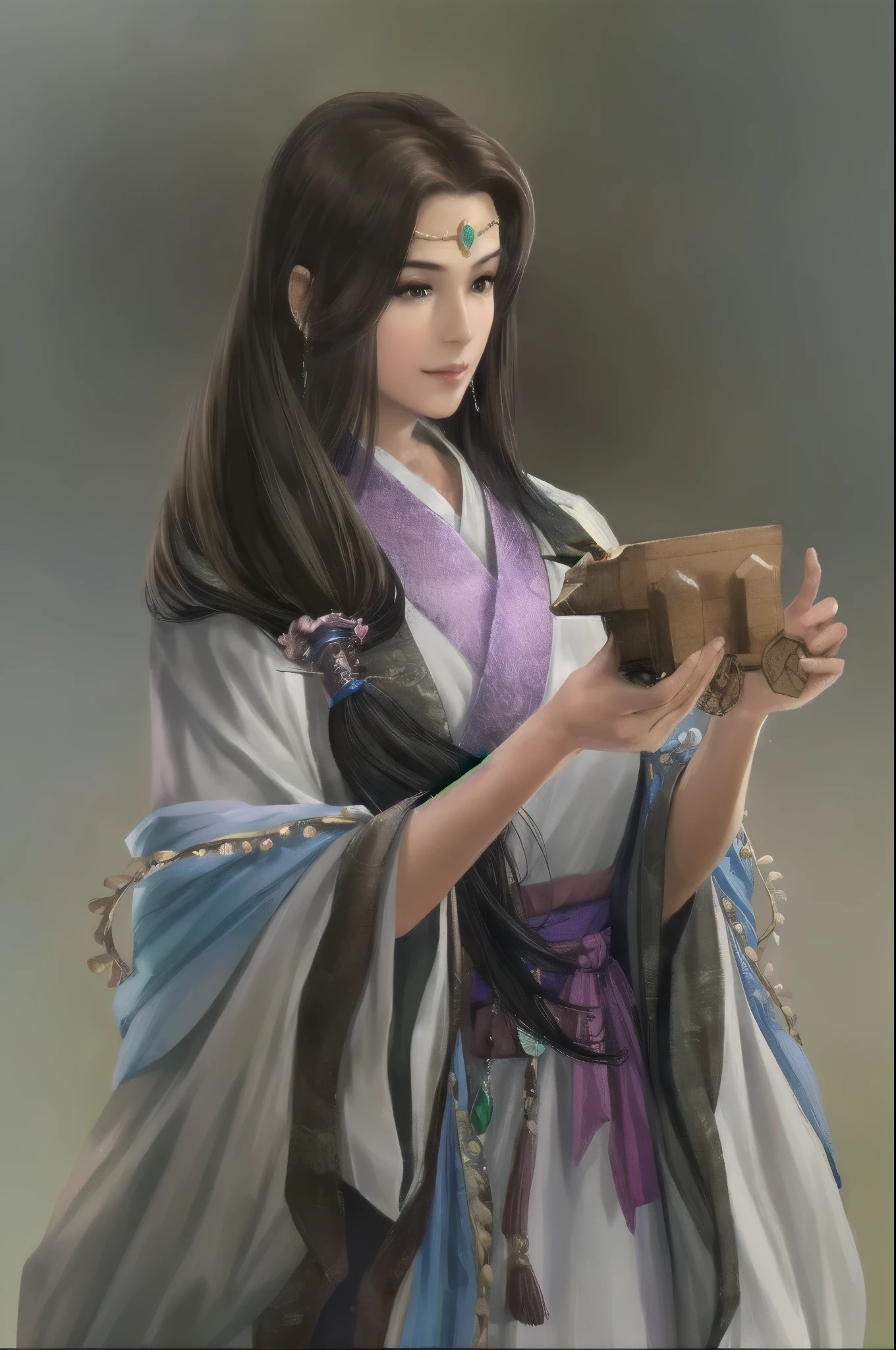 Close-up of a woman holding a box in her hands, beautiful figure painting, by Qu Leilei, inspired by trees, flowing hair and gown, inspired by Wu Zuoren, Inspired by Zhu Lian, by Zhou Fang, yun ling, chinese princess, palace ， A girl wearing Hanfu, Inspired by Qiu Ying