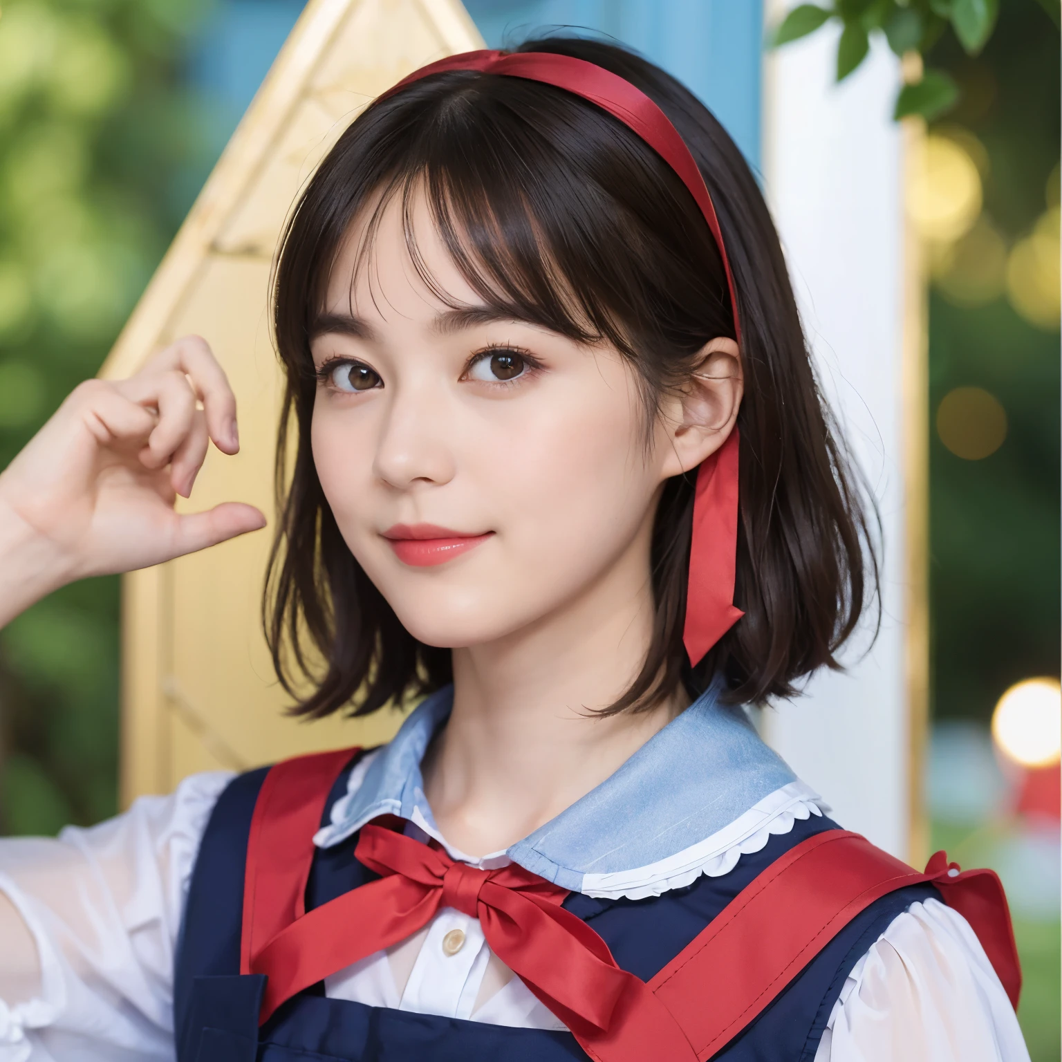 1 (alice in wonderland), (He wears a large triangular ribbon on his head...), short hair, young woman, gentle smile, colorful clothes