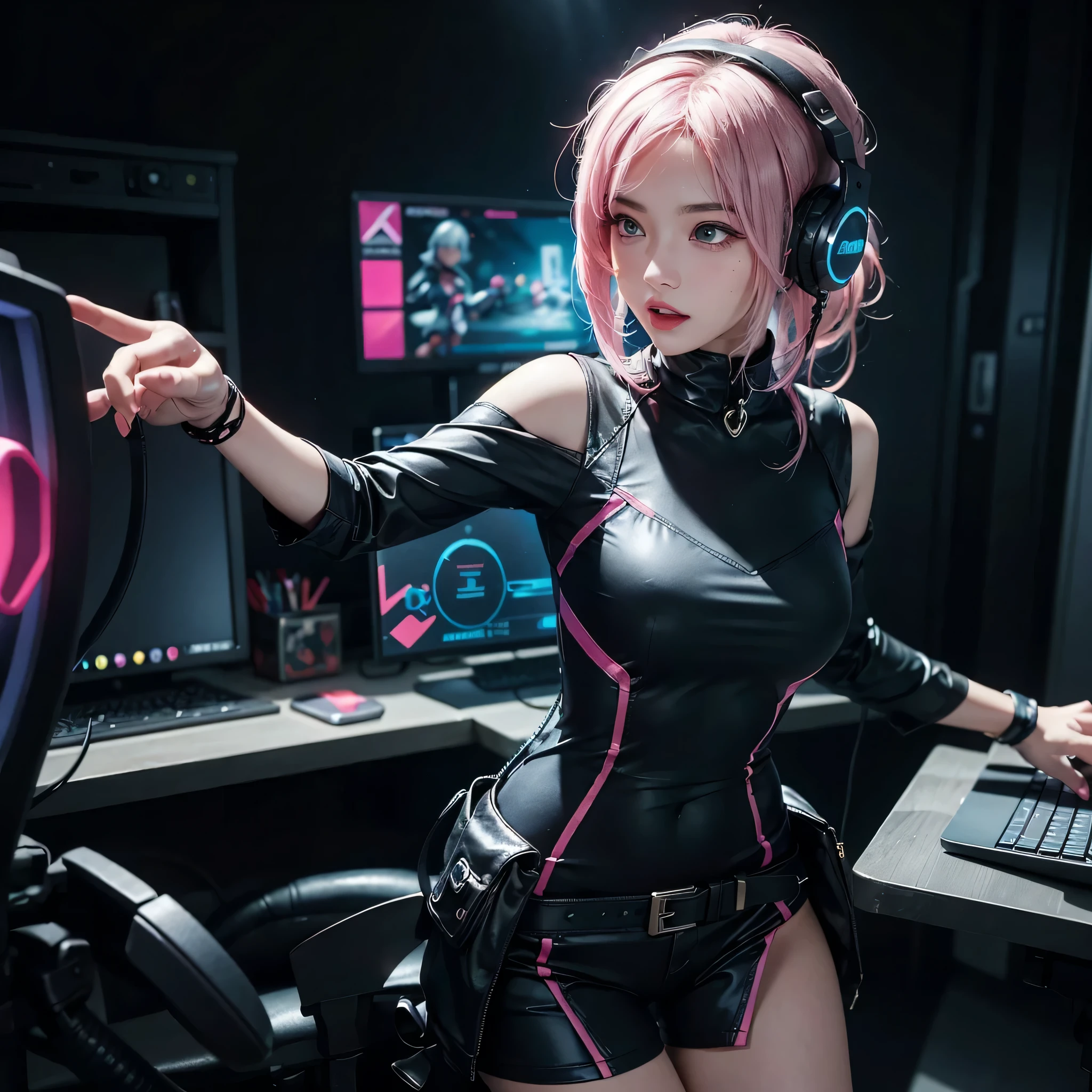 (Theme colorPink)、((best qualtiy)),Cyborg style cyborg girl,Brown hair and purple,Medium Hairstyles,Wear headphones in the shape of rabbit ears and a gas mask,There a green light on the surface of the gas mask,Dressed in a white suit,The clothes have a long pink strip of light,Pink eyelack glove),The left hand a mechanical prosthesis,The body connected by wires and pipes, ((tmasterpiece)), (detaileds:1.4), 。.。.。.3D, A beautiful cyberpunk female image,nffsw(HighDynamicRange),Ray traching,NVIDIA RTX,Hyper-Resolution,Unreal 5,Subsurface scattering、PBR Texture、post processed、Anisotropy Filtering、depth of fieldaximum definition and sharpnesulti-layer texture、Albedo e mapas Speculares、Surface Coloring、Accurate simulation of light-material interactions、perfectly proportions、Octane Render、Cyberpunk City Night、multi-colored neon lights、Large aperture、Low ISO、White Balance、The Rule of Thirds、8K Raw、