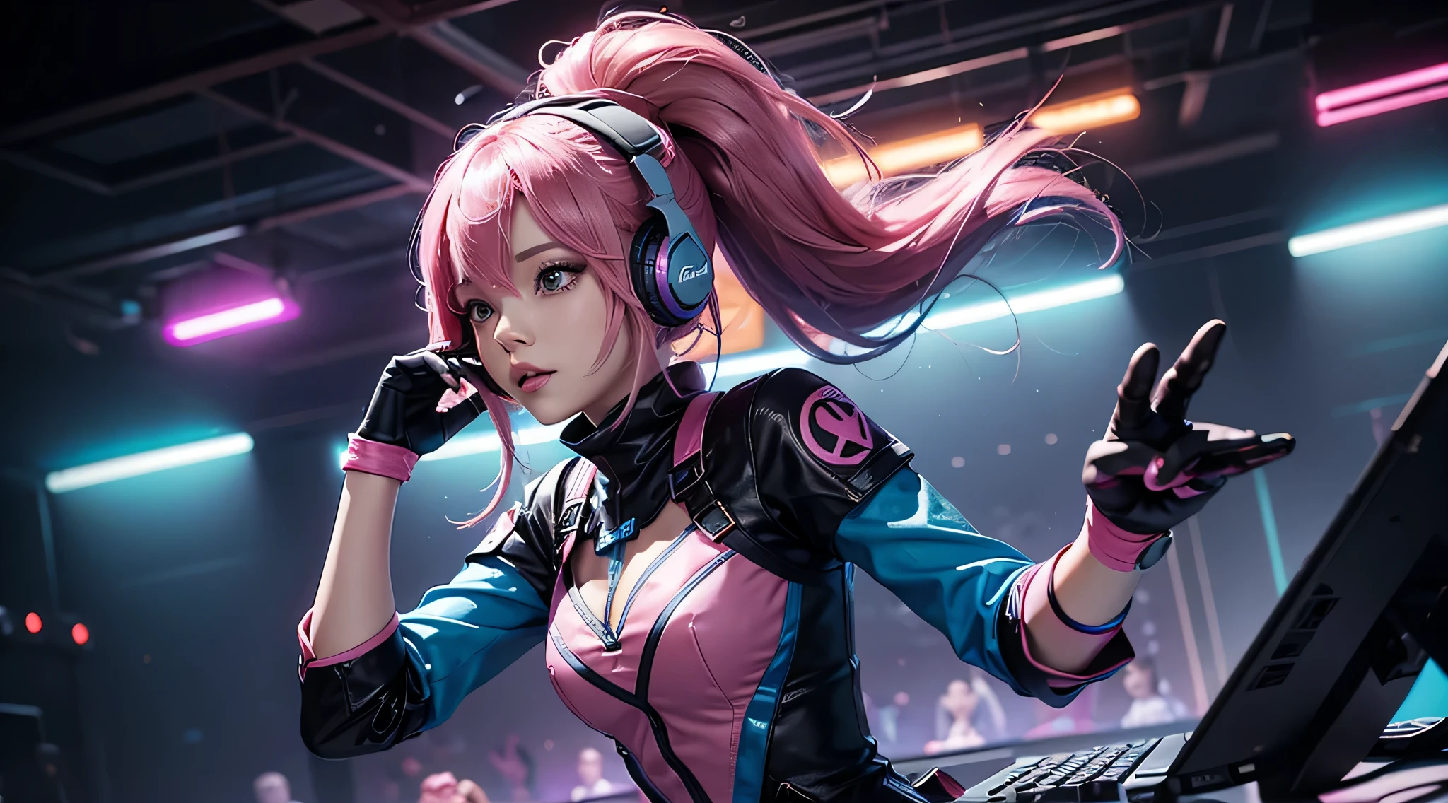 A girl with pink hair, wearing a colorful outfit and cosplay costume, stands in a dynamic pose. She has a playful expression on her face as she enjoys playing video games. The girl is a gamer, immersed in her virtual world, holding a console controller in one hand and a keyboard in the other. She wears headphones, symbolizing her dedication to gaming. The scene is set in a brightly lit studio with soft lighting, enhancing the vivid colors of the girl’s outfit. The composition is creative and cartoonish, with a background scenery featuring artistic interpretation of video game elements. Glowing digital effects surround the girl, adding to the energetic and action-packed atmosphere. Electric blue accents are scattered throughout the image, giving it a mysterious and futuristic feel. Overall, the prompt aims to capture the fun, enthusiasm, and creativity associated with gaming, while showcasing the girl's passion and love for video games in an anime-style artwork.
Gamer girl pink hair sexy outfit