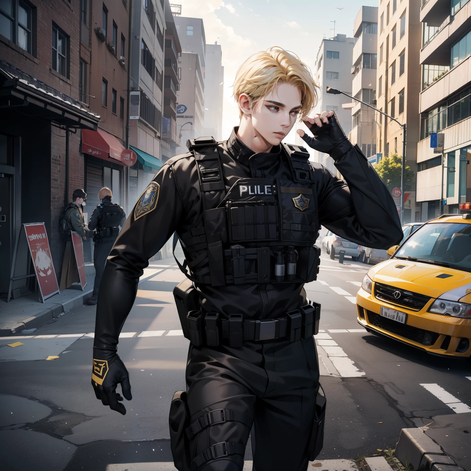 Masterpiece, high quality, best quality, 3D HD, realistic, perfect lighting, detailed body, korean blonde hair, 1 Man, police swat suit, Destroyed city background