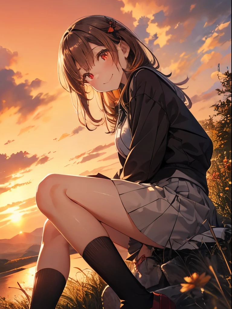 highest quality, masterpiece, 1 female, alone, 20-year-old, Low - Angle, Smile, close your mouth, Brown Single Blade, white , black socks, skirt, blush, red eyes, evening, lots of countryside, big sunset, orange view,