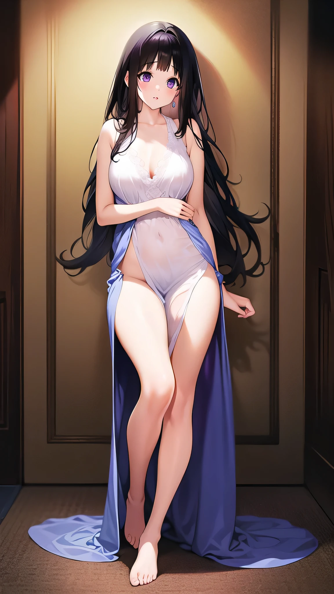 The stunning Chitanda Eru, There is only one beautiful girl,purple eyes, black hair, Naturally straight hair, straight bangs, extremely refined,adult face,lips slightly open,flowing long hair,Peerless beautiful girl, dreamlike,Slim,soft, (Sensual), (kawaii), dream quality,White transparent nightdress,side breasts,Nipple protrusion,Bare thighs,bare shoulders,Clavicle exposed,bare neck,dice,groin,barefoot,ultra high resolution, (masterpiece:1.2, best quality), (Exquisite and beautiful eyes: 1.2), (Beautiful and delicate face)