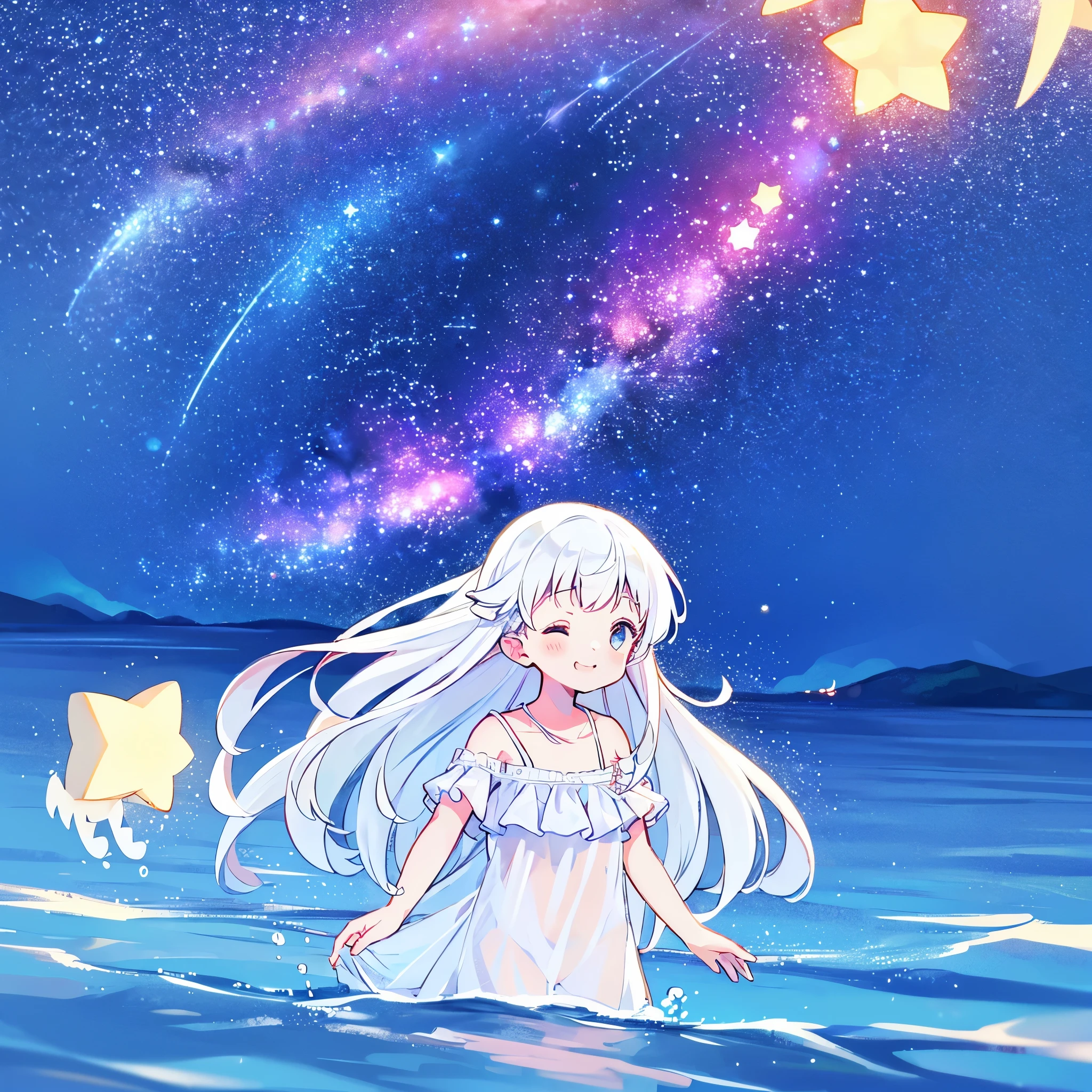 an ocean of stars, night sky, colorful, ethereal, charming girl in a white sheer babydoll dress, white hair, walking on the water, Her smile was filled with tenderness and joy, giant crescent white moon dipping into the water in the background, (((((((stars))))))