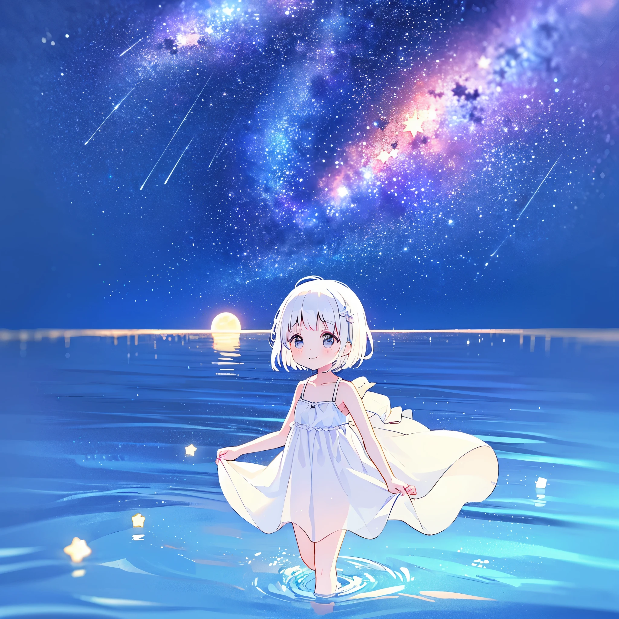 an ocean of stars, night sky, colorful, ethereal, charming girl in a white sheer doll dress, white hair, walking on the water, Her smile was filled with tenderness and joy, giant crescent white moon dipping into the water in the background, (((((((stars))))))
