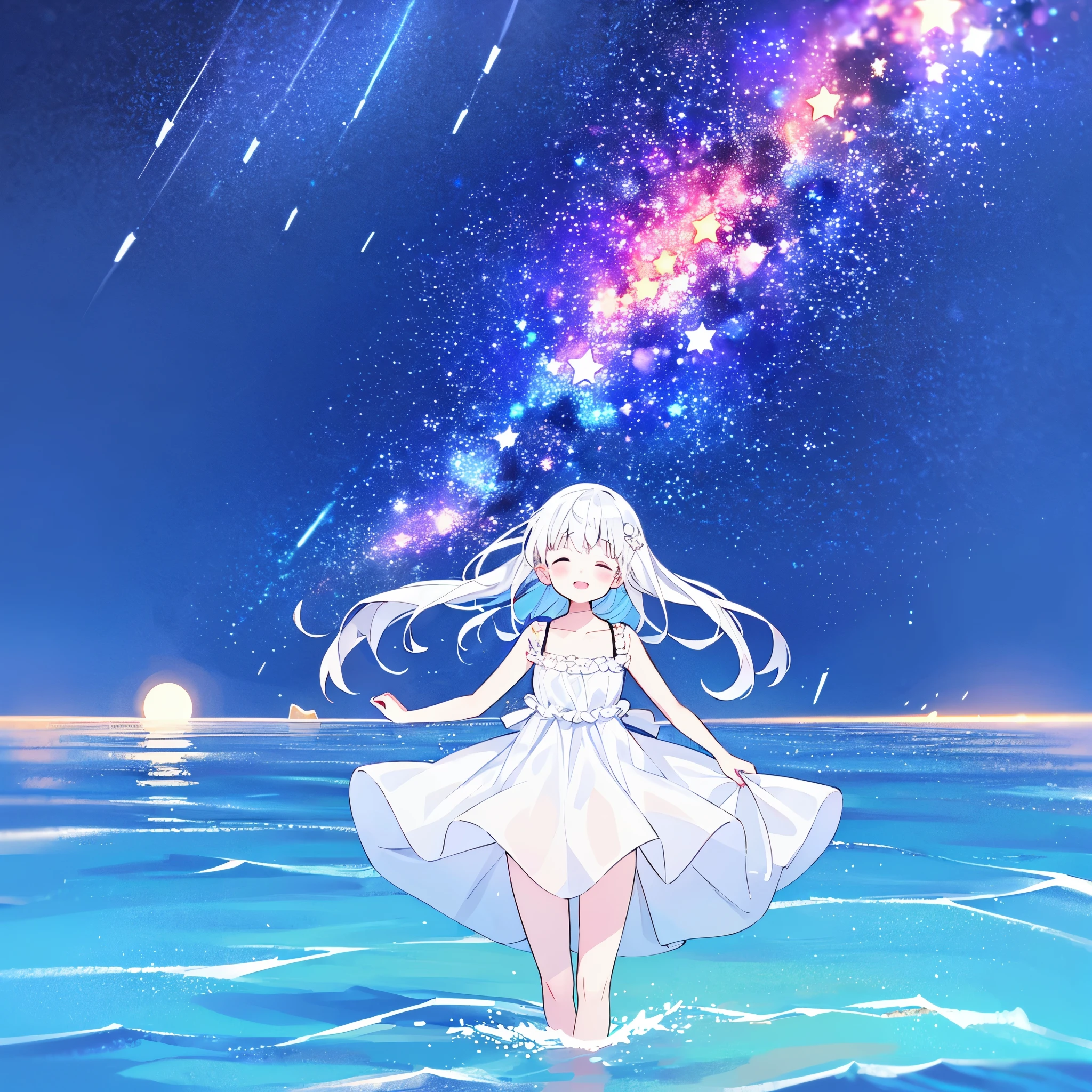 an ocean of stars, night sky, colorful, ethereal, charming girl in a white sheer babydoll dress, white hair, walking on the water, Her smile was filled with tenderness and joy, giant crescent white moon dipping into the water in the background, (((((((stars))))))
