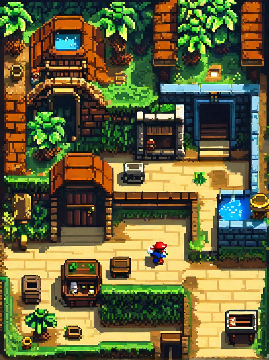 vintage retro game, classic 8bit pixelated japanese video game, super mario brothers, detailed pixel art, detailed environmental elements, highly detailed pixel character design, beautiful vivid colors, immersive atmosphere, small details, nostalgia, (best quality, 8k, highres, masterpiece:1.2),ultra-detailed,(realistic,photorealistic,photo-realistic:1.4),studio lighting,extremely detailed pixel art,extremely detailed face and eyes,extremely detailed pixel textures,incredibly intricate pixel level details,striking colors,vibrant colors,lush pixel environment