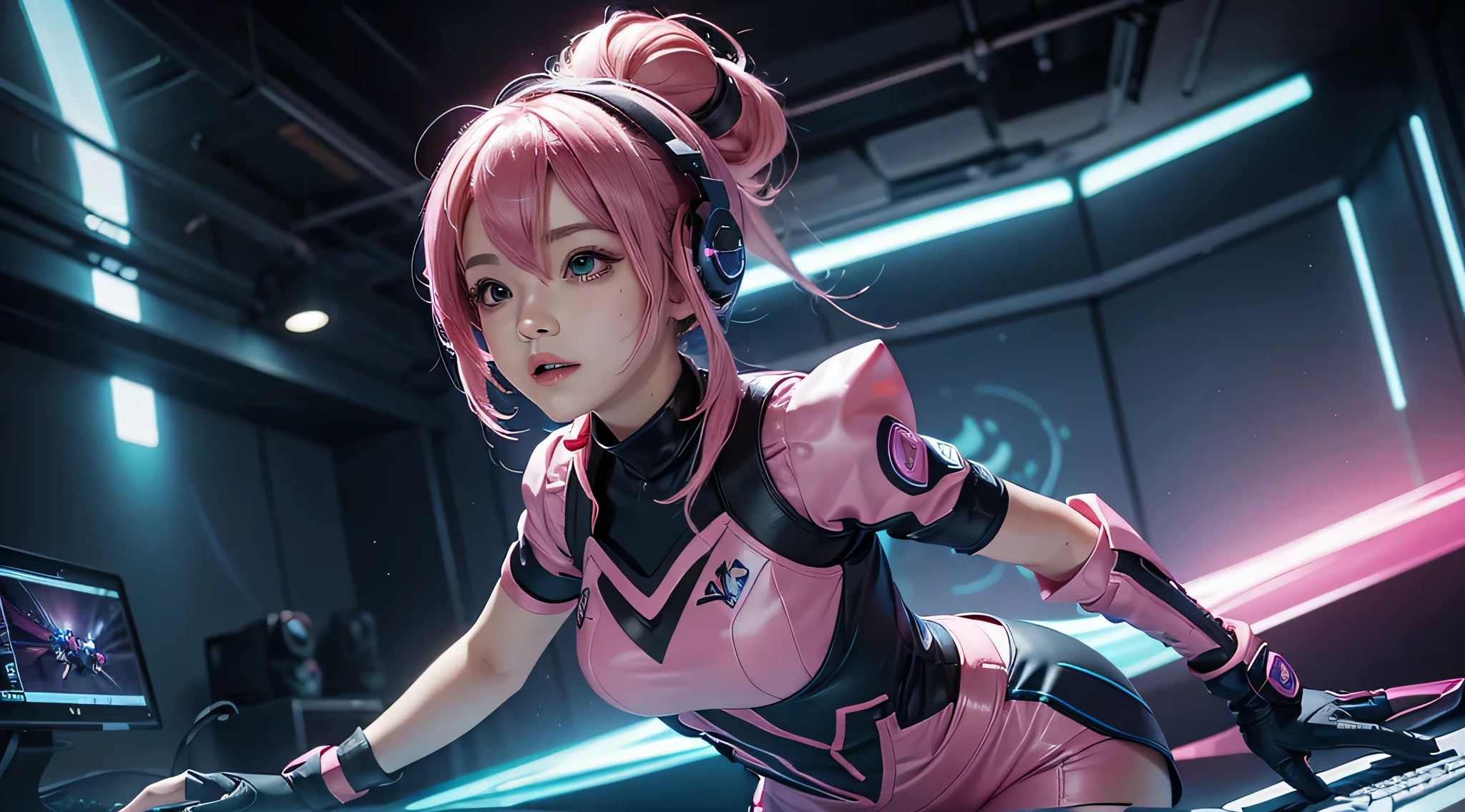 A girl with pink hair, wearing a colorful outfit and cosplay costume, stands in a dynamic pose. She has a playful expression on her face as she enjoys playing video games. The girl is a gamer, immersed in her virtual world, holding a console controller in one hand and a keyboard in the other. She wears headphones, symbolizing her dedication to gaming. The scene is set in a brightly lit studio with soft lighting, enhancing the vivid colors of the girl’s outfit. The composition is creative and cartoonish, with a background scenery featuring artistic interpretation of video game elements. Glowing digital effects surround the girl, adding to the energetic and action-packed atmosphere. Electric blue accents are scattered throughout the image, giving it a mysterious and futuristic feel. Overall, the prompt aims to capture the fun, enthusiasm, and creativity associated with gaming, while showcasing the girl's passion and love for video games in an anime-style artwork.
Gamer girl pink hair sexy outfit