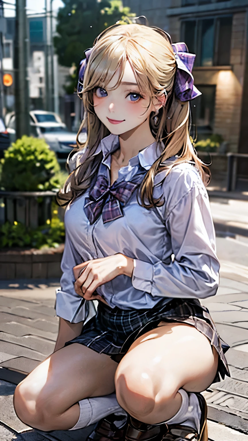 (masterpiece:1.2, highest quality), (realistic, photorealistic:1.4), beautiful illustrations, (natural side lighting, movie lighting), NSFW,
looking at the viewer, cowboy shot, Front view:0.6, 1 girl, Japanese, high school girl, perfect face, Cute symmetrical face, shiny skin,
(middle hair:1.6, straight hair:1.2, long side lock, blonde hair), parted bangs, blue eyes, long eyelash, (big breasts:1.1, seductive thighs),
beautiful hair, beautiful face, detailed and beautiful eyes, beautiful clavicle, beautiful body, beautiful breasts, beautiful thighs, beautiful feet,
((fine cloth texture, long sleeve white collar shirt, Light purple plaid pleated skirt, light purple plaid bow tie, socks)),
(beautiful scenery), evening, riverside, squat, (cute smile, upper eye),
