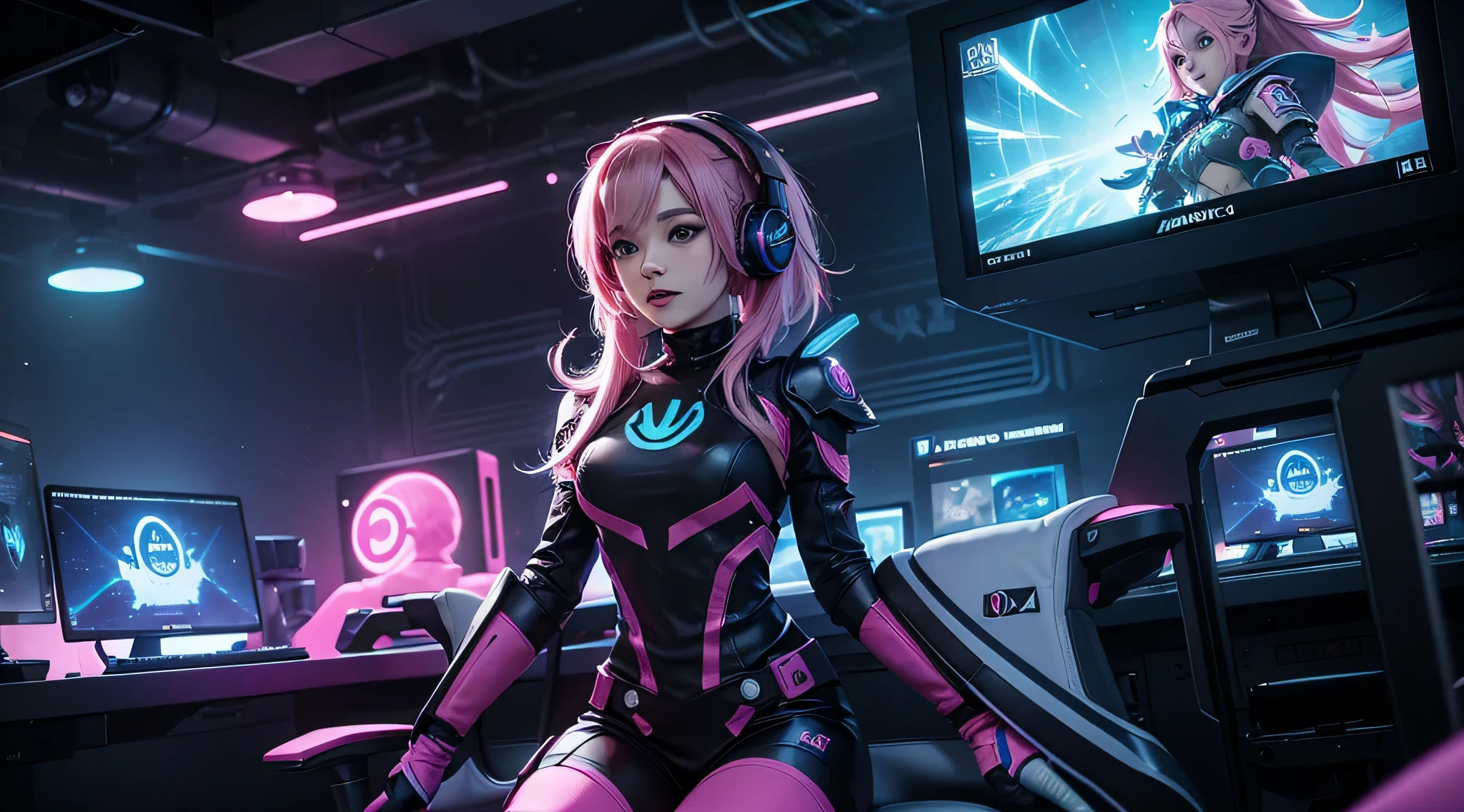 A girl with pink hair, wearing a colorful outfit and cosplay costume, stands in a dynamic pose. She has a playful expression on her face as she enjoys playing video games. The girl is a gamer, immersed in her virtual world, holding a console controller in one hand and a keyboard in the other. She wears headphones, symbolizing her dedication to gaming. The scene is set in a brightly lit studio with soft lighting, enhancing the vivid colors of the girl’s outfit. The composition is creative and cartoonish, with a background scenery featuring artistic interpretation of video game elements. Glowing digital effects surround the girl, adding to the energetic and action-packed atmosphere. Electric blue accents are scattered throughout the image, giving it a mysterious and futuristic feel. Overall, the prompt aims to capture the fun, enthusiasm, and creativity associated with gaming, while showcasing the girl's passion and love for video games in an anime-style artwork.
Gamer girl pink hair sexy outfit
