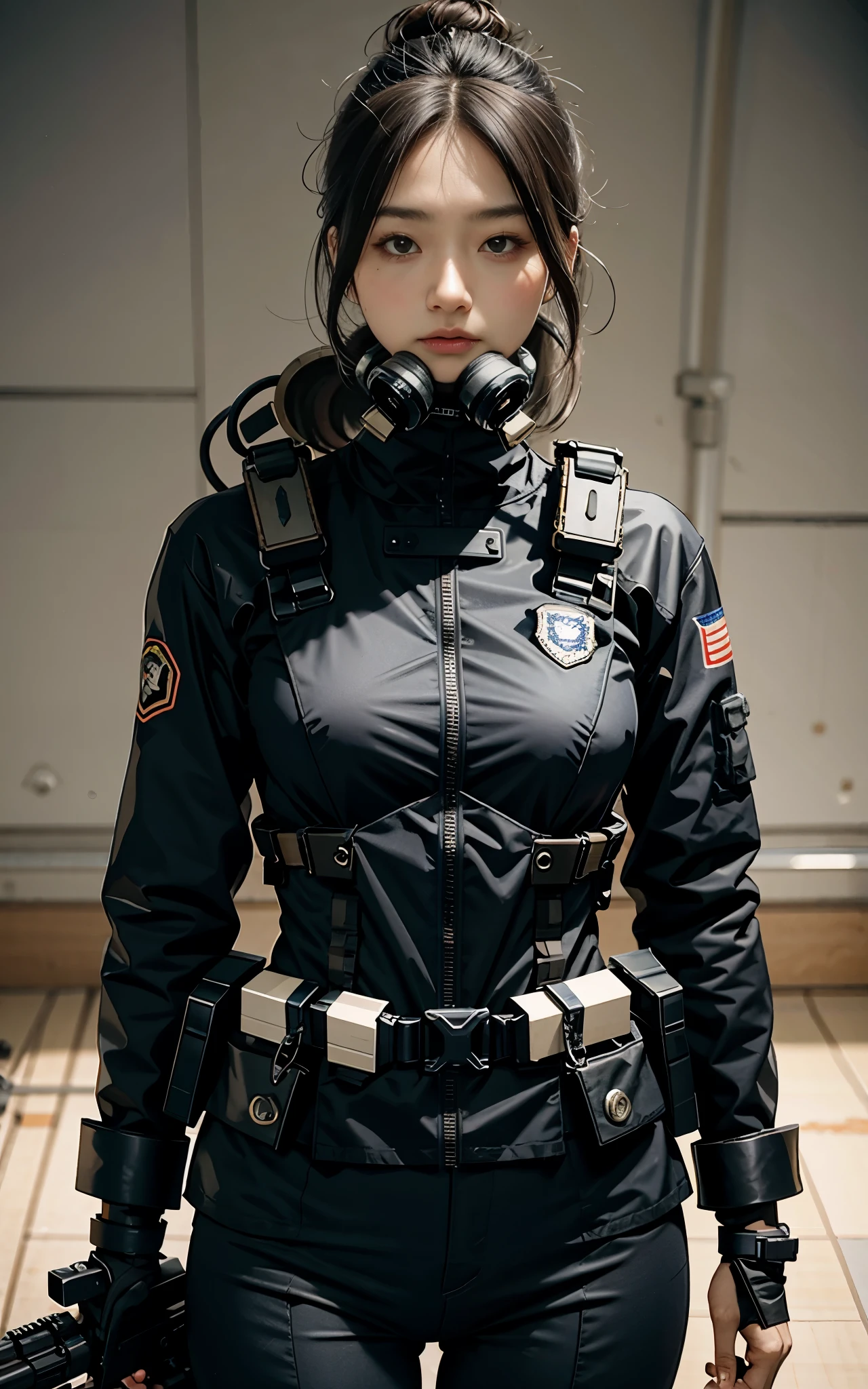 Highest image quality, outstanding details, ultra-high resolution, (realism: 1.4), ((close up:0.75)), highly condensed 1 lady, with beautiful and a delicate face, perfect proportion, aiming the viewer, ((aiming the viewer)), (chubby:0.3, small breasts), (cloths color base ratio black:0.4 white:0.5 other-color:0.1), (wearing rash-guard likes police uniform, black and gray mecha, wearing high-tech heavy gasmask, military harness, holding a machinegun, carrying hich-tech-flamethrower -tank on back), captain, background simple gray wall,