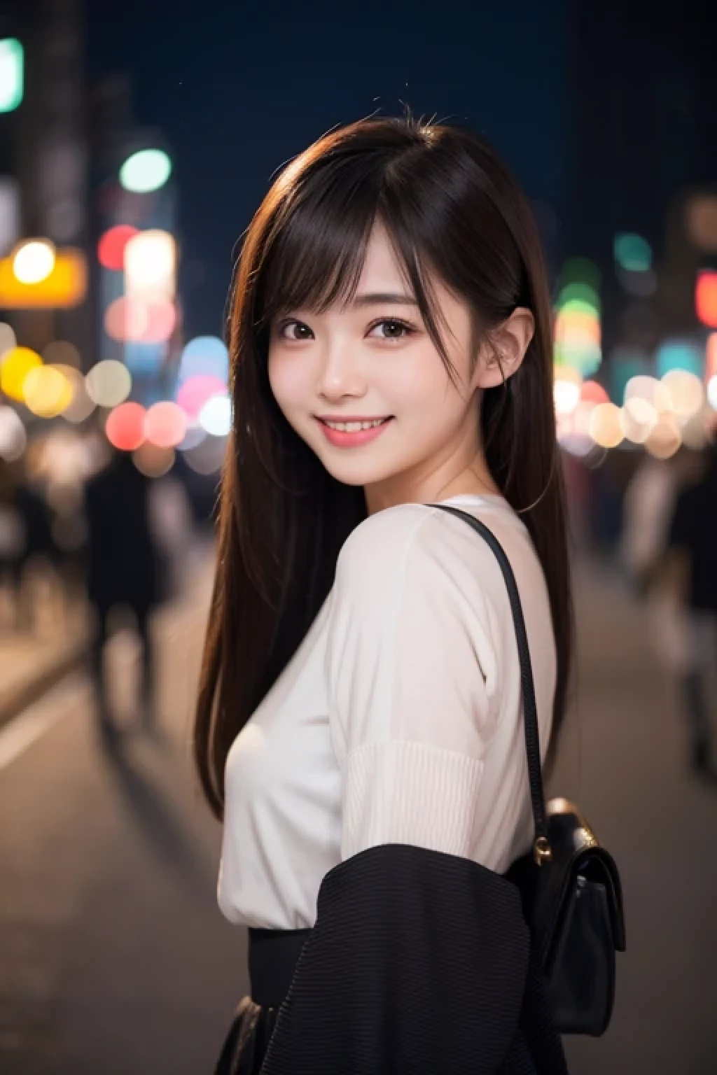 1 girl、streets of tokyo、nighttime、city scenery、city light、upper body、close up、8k、RAW shooting、Highest quality、Masterpiece、realistically、Virtual image、happy smile,bokeh light