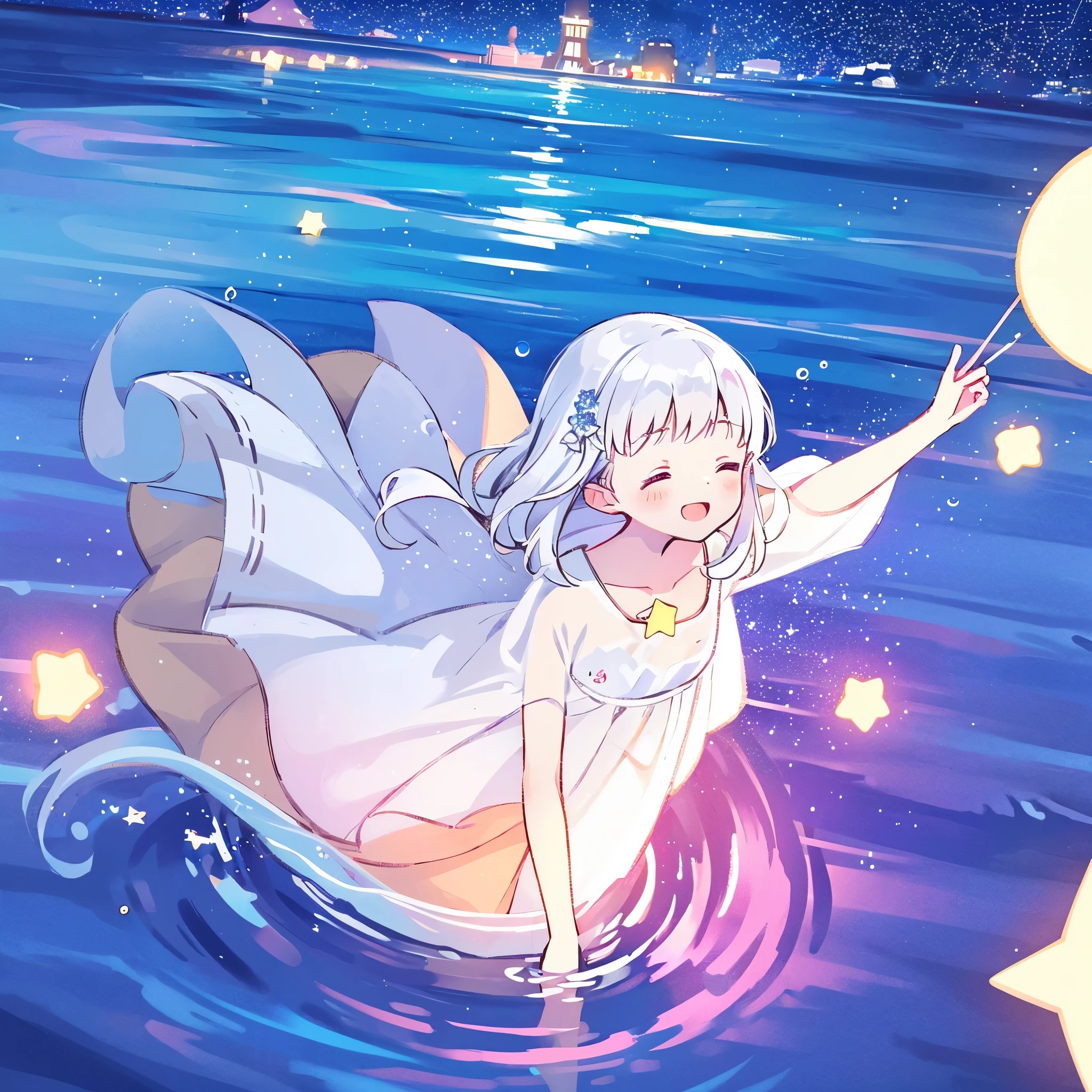 an ocean of stars, night sky, colorful, ethereal, charming girl in a white sheer babydoll dress, white hair, walking on the water, Her smile was filled with tenderness and joy, giant crescent white moon dipping into the water in the background, (((((((stars))))))