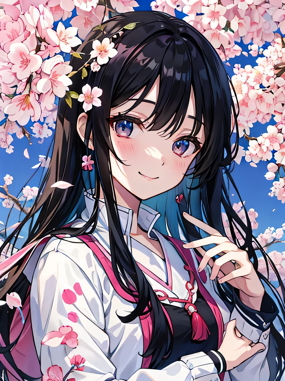 looking at me with a smile、(beautiful black hair:1.2)、Background of cherry blossom trees、Clear ultramarine eyes、beautiful girl、8K high quality、black hair、long hair、Delicate hair type、knitted clothes、Vibrant colors、highest quality、watercolor painting,beautiful