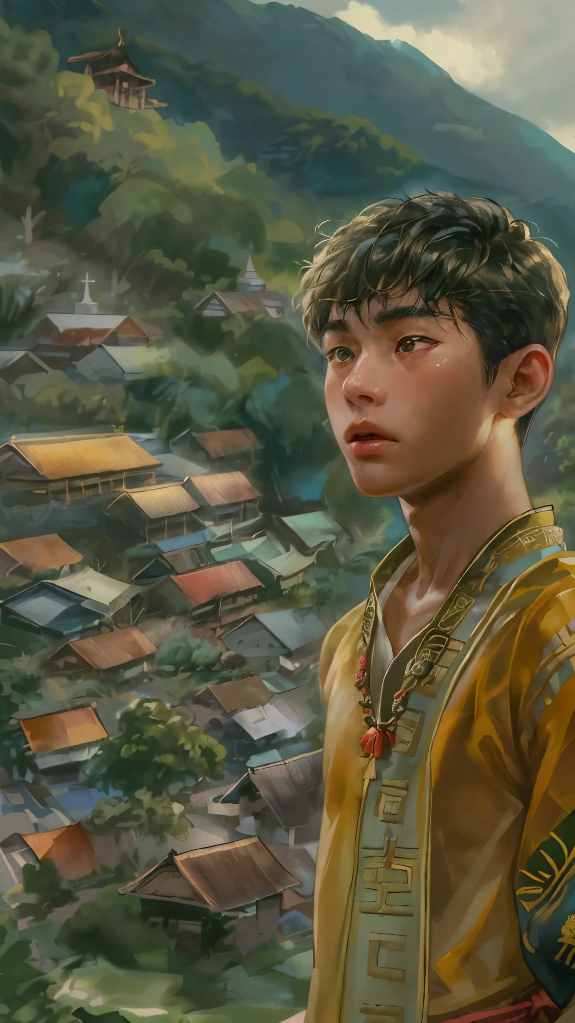 (masterpiece,best quality,ultra_detailed,highres,absurdres), close-up , perfect face, handsome boy, shorthair, ifugao teen, topless in Philippine ethnic costume, detailed festival in town scenery, scenery of town Philippines style, detailed character 