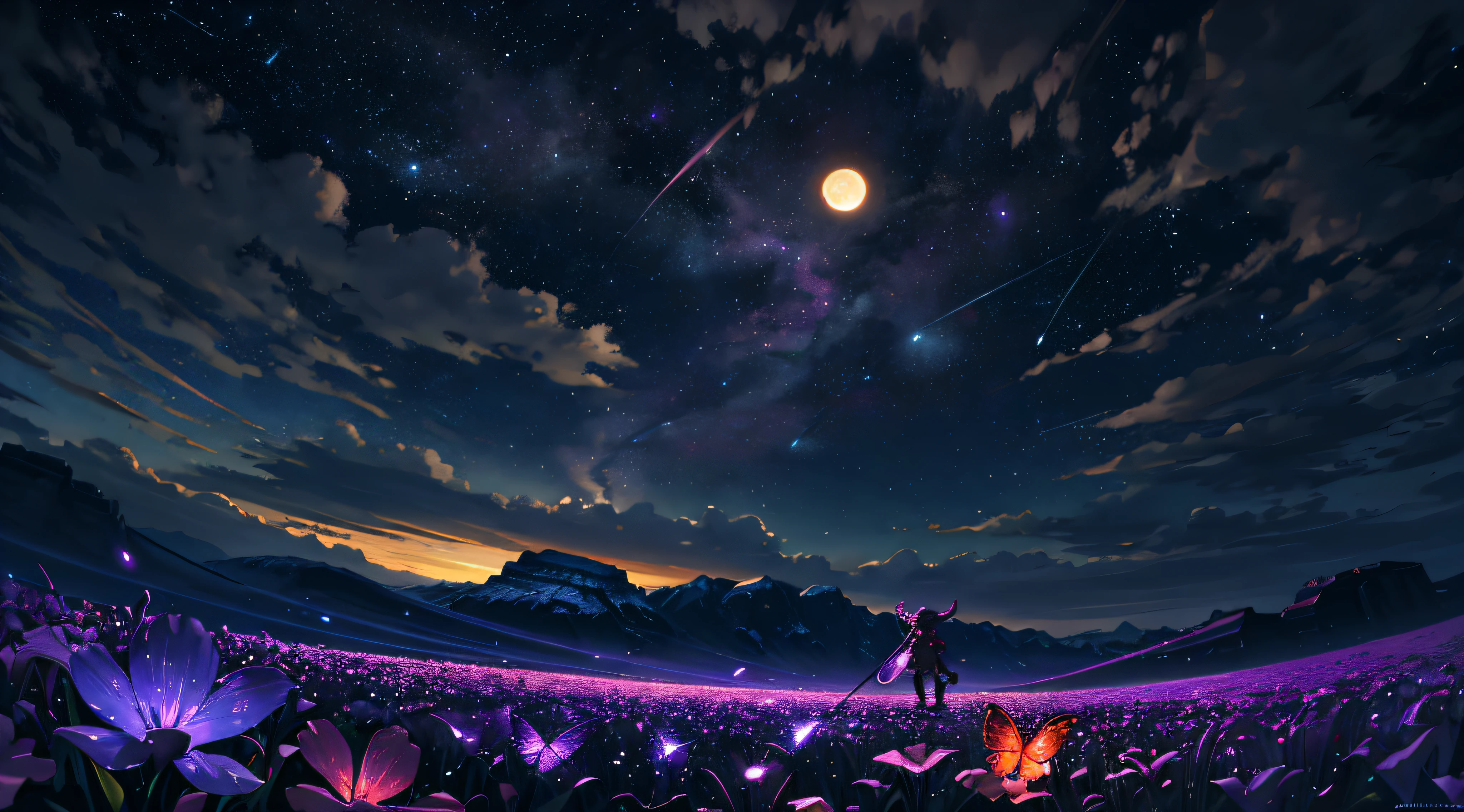 Large-scale landscape photography , (eine Ansicht von unten, die oben den Himmel und unten das offene Feld zeigt), A girl stands in a flower meadow and looks up, (Vollmond:1.2), ( Sternschnuppen:0.9), (Nebel:1.3), entfernter Berg, Baum BREAK Produktion Kunst, (warme Lichtquelle:1.2), (Firefly:1.2), Lampe, viel Lila und Orange, Komplizierte Details, volumetrische Beleuchtung PAUSE
(Meisterwerk:1.2), (Best quality), 4k, Ultradetailliert, (dynamische Komposition:1.4), sehr detailliert, farbenfrohe Details,( schillernde Farben:1.2), (Leuchtende Beleuchtung, stimmungsvolle Beleuchtung), dreamy, magisch, (Allein:1.2)