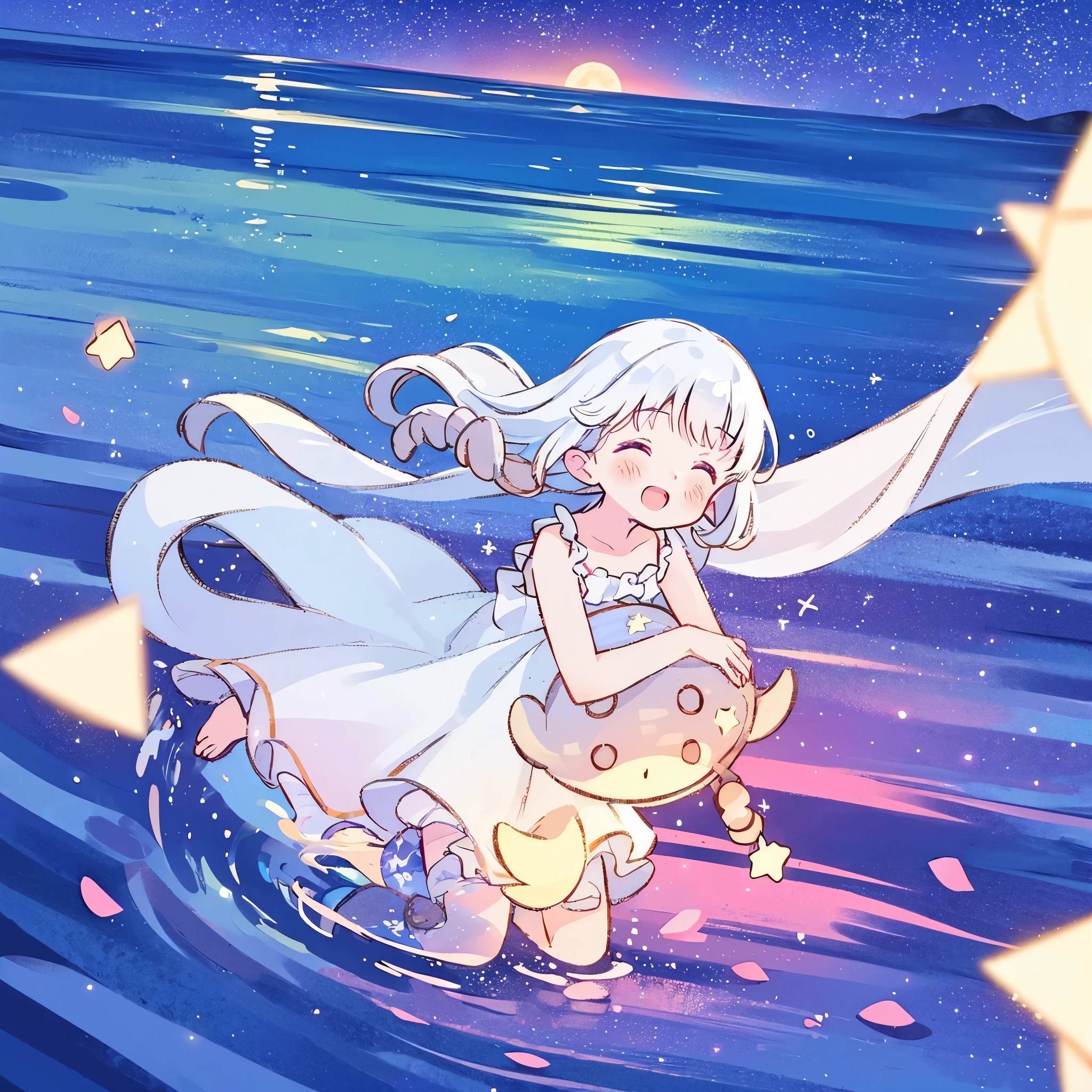 an ocean of stars, night sky, colorful, ethereal, charming girl in a white sheer doll dress, white hair, walking on the water, Her smile was filled with tenderness and joy, giant crescent white moon dipping into the water in the background, (((((((stars))))))