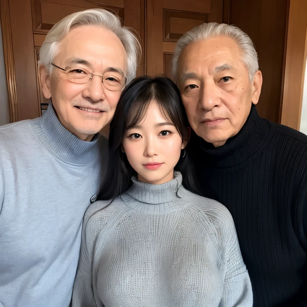 High resolution、High level image quality、high detail、masterpiece、realistic skin,、rough skin、(anatomically correct)、(two men and women standing together)、((27 year old Japanese cute big breasted woman_wearing a black knit high neck、75 year old Japanese male grandfather)）、((whole body_from head to foot))、one&#39;s home、Breast skin is not visible