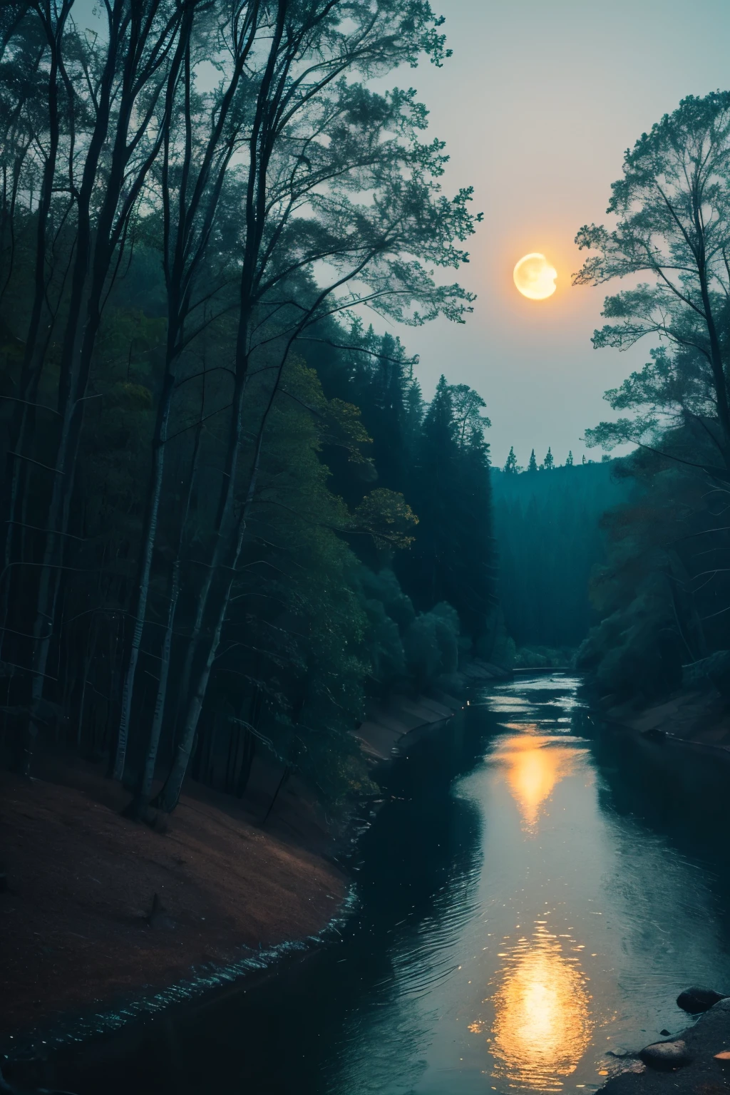 Make a beautiful moon illuminating the woods with a river that kills you