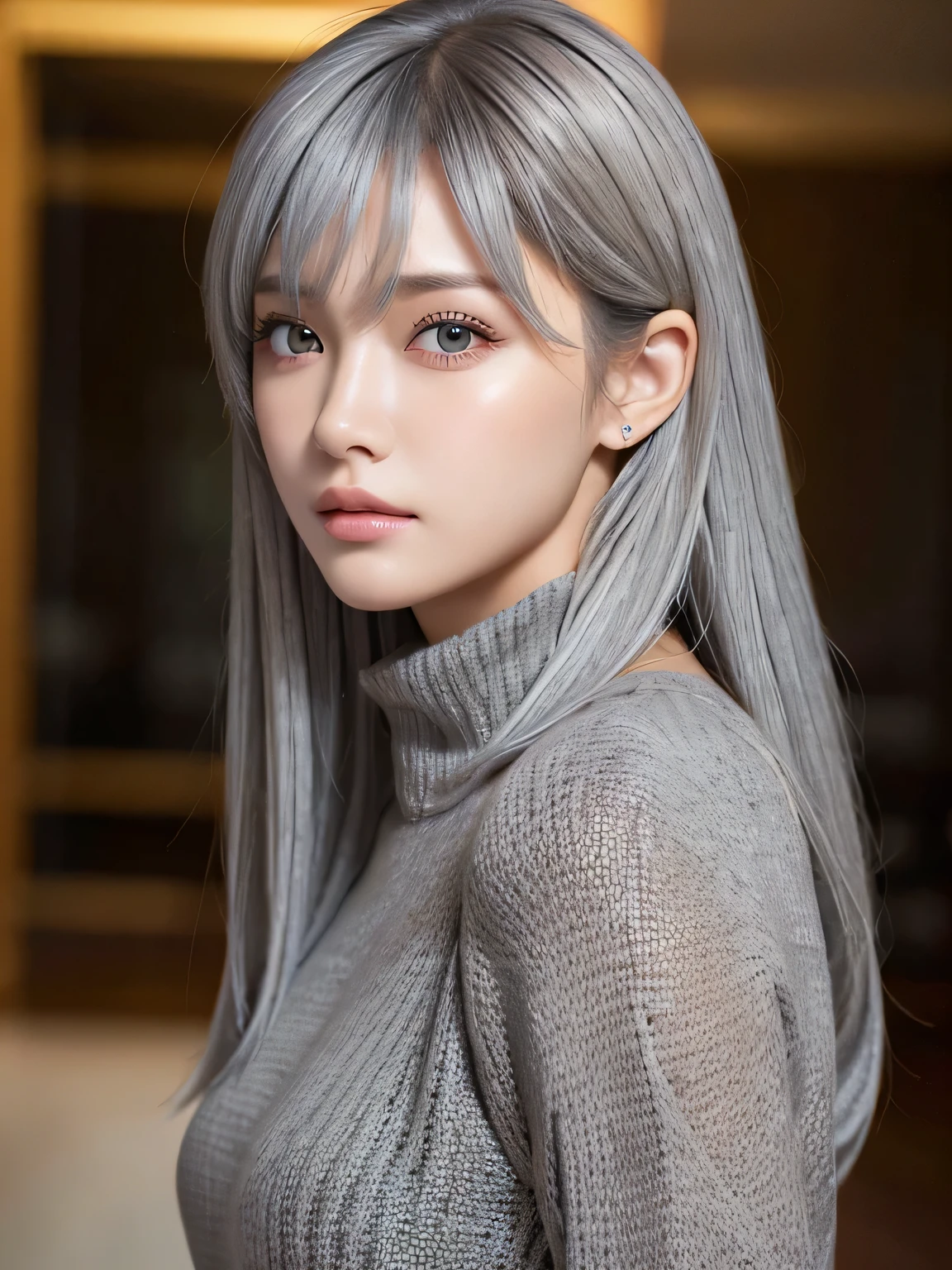 (Masseter muscle part:1.3)、(8K、Photoreal、RAW photo、highest quality: 1.4)、(1 girl)、beautiful face、(lifelike face)、(gray hair:1.5)、(medium hair)、beautiful hairstyle、（can&#39;I can&#39;t see in one eye because of my bangs.：1.5）、realistic eyes、beautiful details、（real looking skin）、beautiful skin、（black sweater）、absurd、attractive、embarrassing、超A high resolution、surreal、high detail、golden ratio