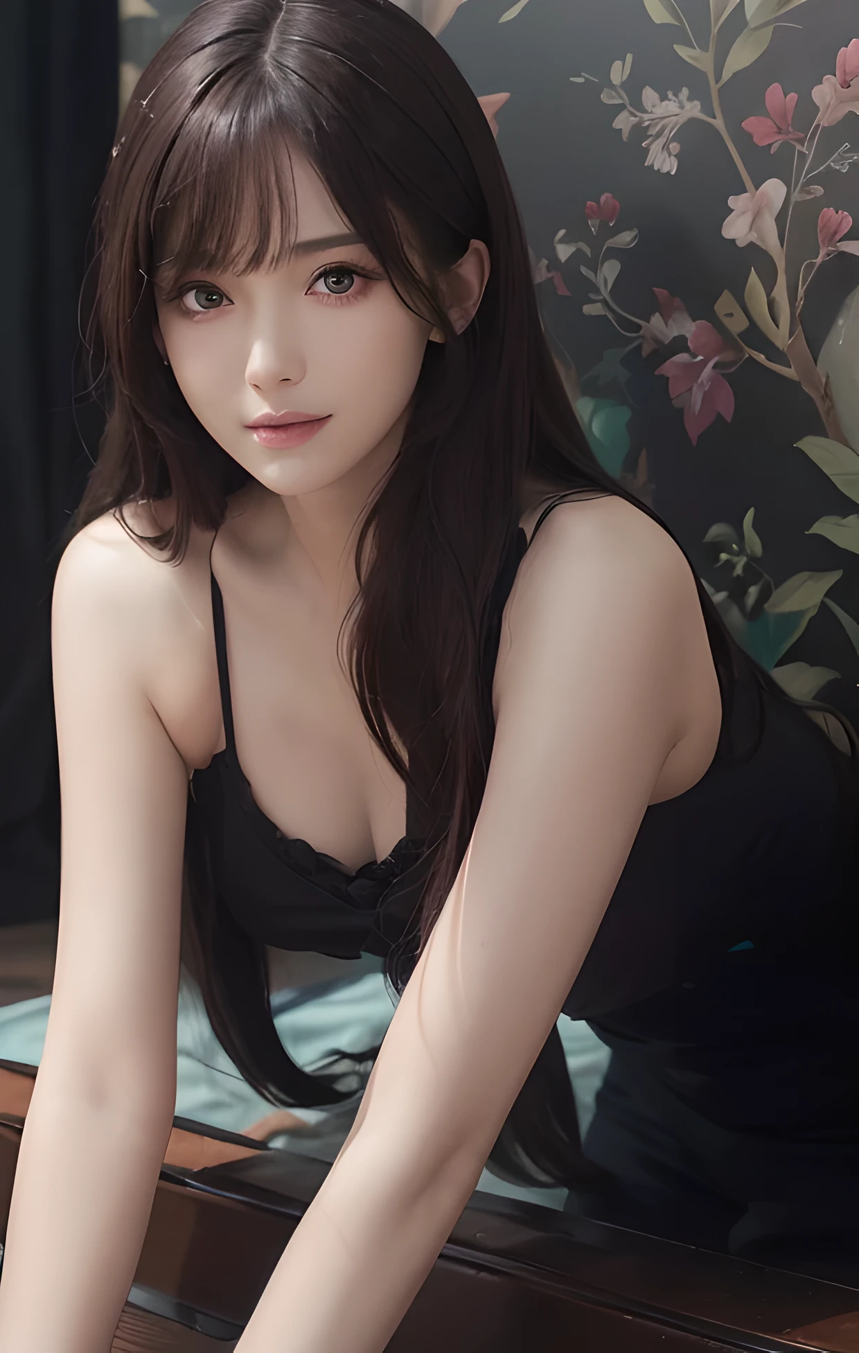 (Ultra Realistic), (Illustration), (High Resolution), (8K), (Very Detailed), (Best Illustration), (Beautiful and Detailed Eyes), (Best Quality), (Ultra Detailed), (Masterpiece), (Wallpaper), (Detailed Face), Solo, One Girl, Viewer, Fine Detail, Detailed Face, In the Dark, Deep Shadows, Low Key, pureerosfaceace_v1, Smile, Long Hair, Black shawl straight hair, 46-point diagonal bangs, full body, legs crossed