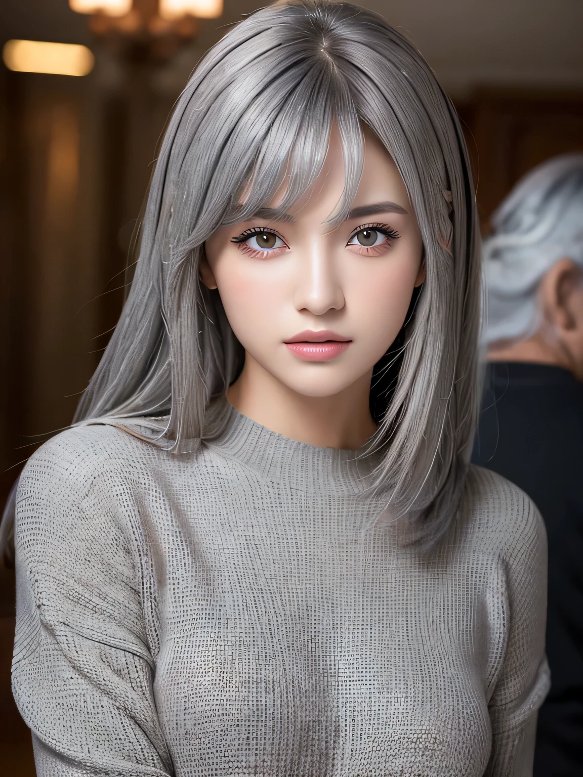 (Masseter muscle part:1.3)、(8K、Photoreal、RAW photo、highest quality: 1.4)、(1 girl)、beautiful face、(lifelike face)、(gray hair:1.5)、(medium hair)、beautiful hairstyle、(can'I can't see in one eye because of my bangs.:1.5)、realistic eyes、beautiful details、(real looking skin)、beautiful skin、(black sweater)、absurd、attractive、embarrassing、超A high resolution、surreal、high detail、golden ratio