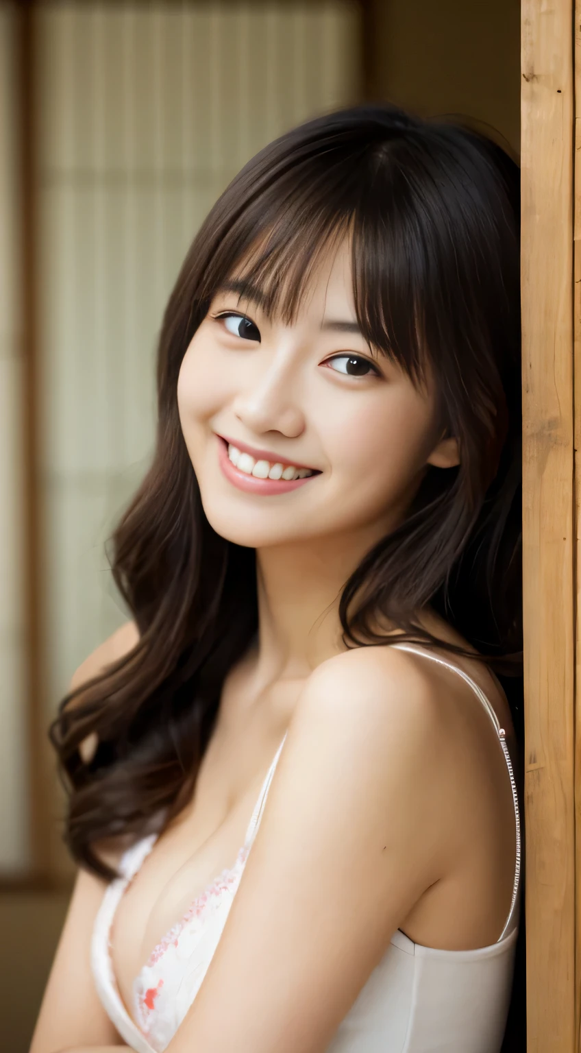 masterpiece,best quality,(Japanese ),((Beautiful girl)),cleavage,indoor,(perfect body beauty:1.2),(shy smile),beautiful teeth,