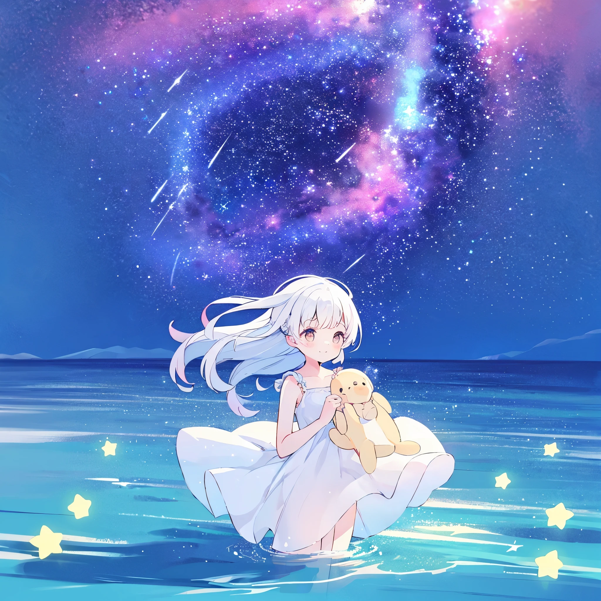 an ocean of stars, night sky, colorful, ethereal, charming girl in a white sheer babydoll dress, white hair, walking on the water, Her smile was filled with tenderness and joy, giant crescent white moon dipping into the water in the background, (((((((stars))))))