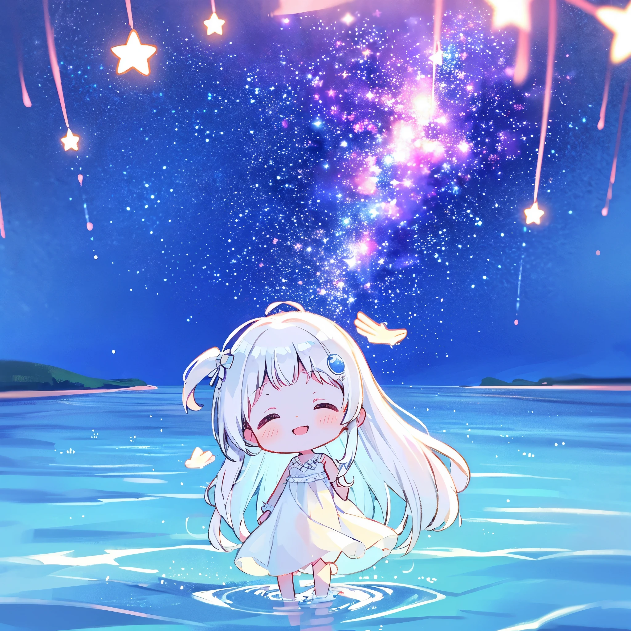 an ocean of stars, night sky, colorful, ethereal, charming girl in a white sheer babydoll dress, white hair, walking on the water, Her smile was filled with tenderness and joy, giant crescent white moon dipping into the water in the background, (((((((stars))))))
